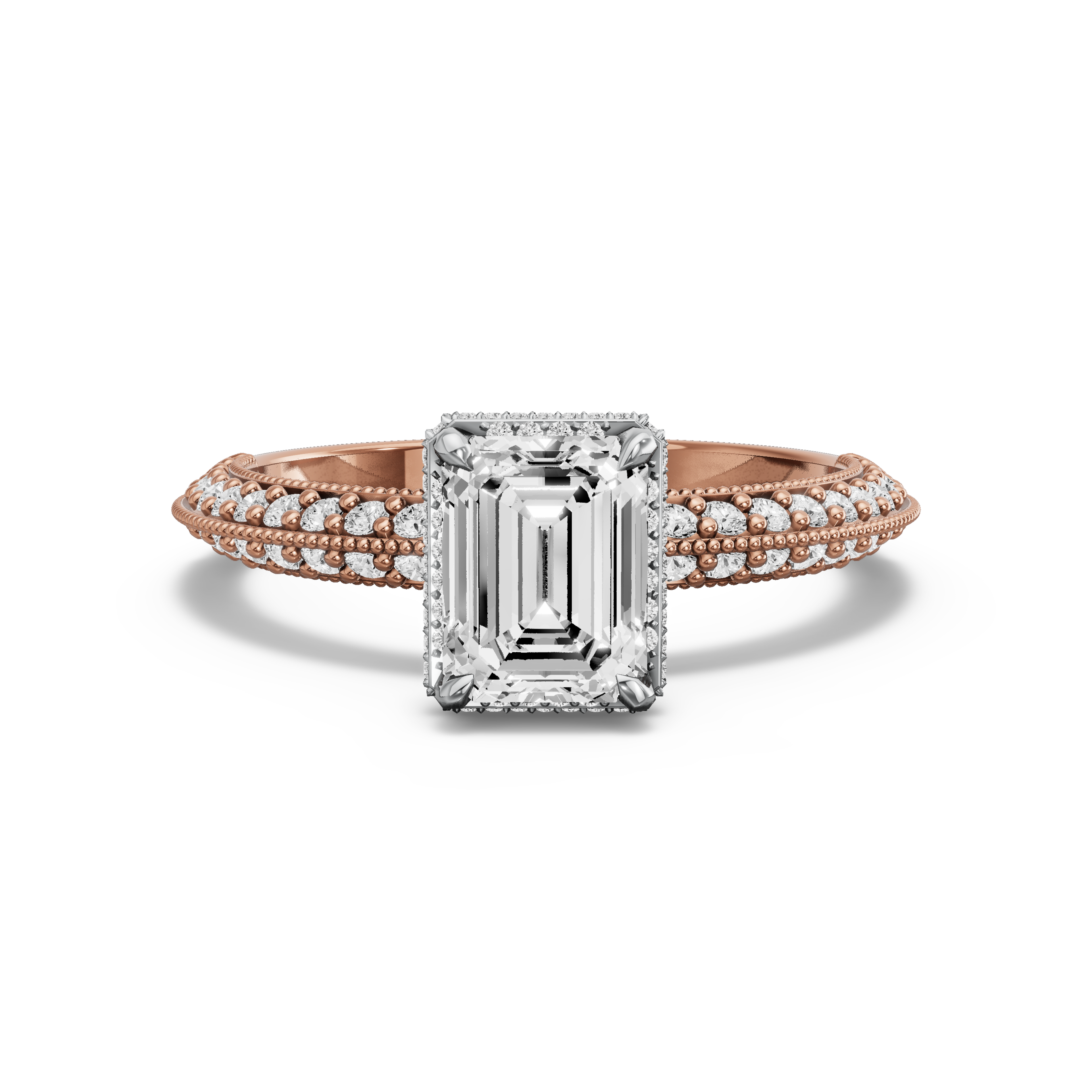 Image for Emerald Dual Halo Ring with Knife Edge Pave band in 10K Two Tone Rose Gold