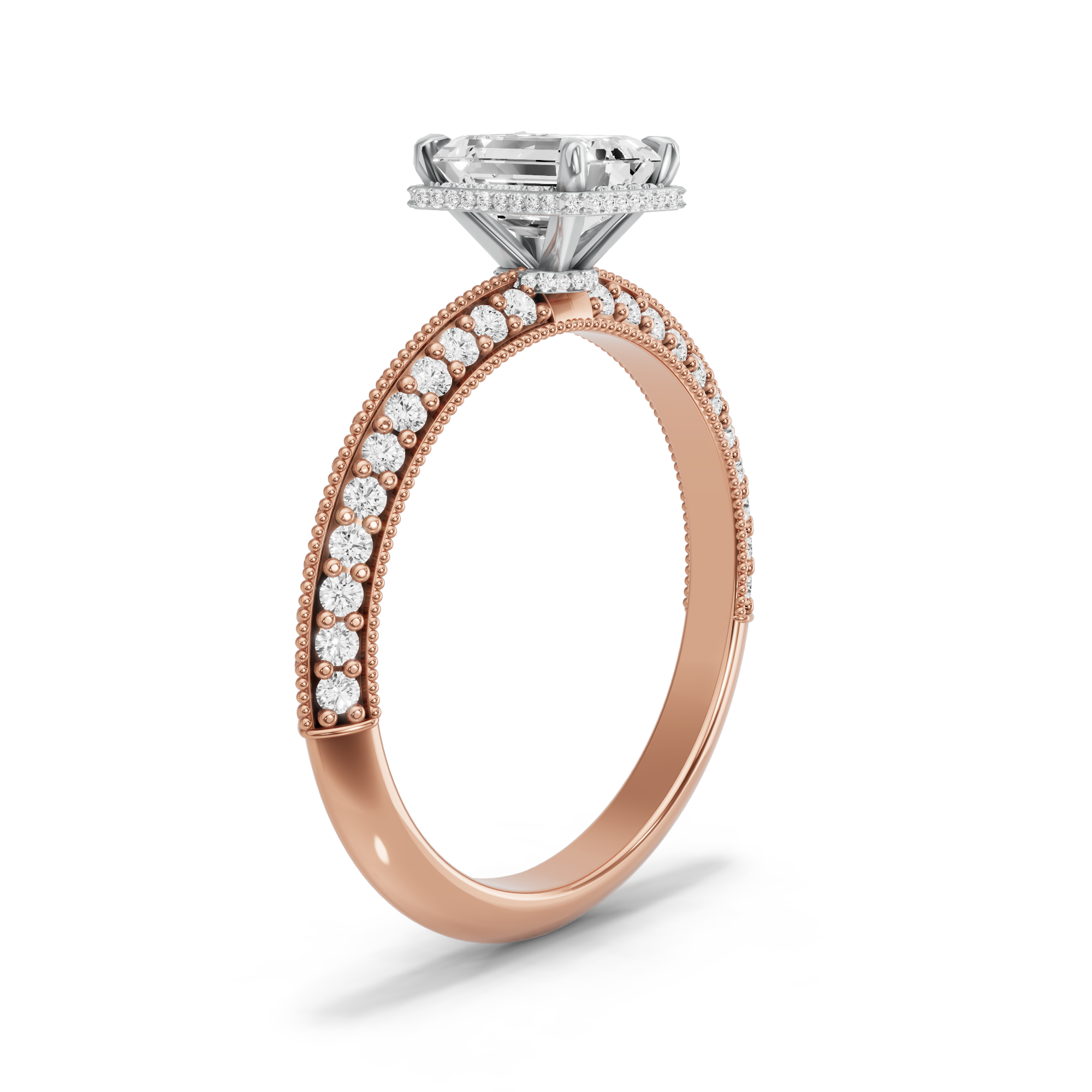 Image for Emerald Dual Halo Ring with Knife Edge Pave band in 10K Two Tone Rose Gold