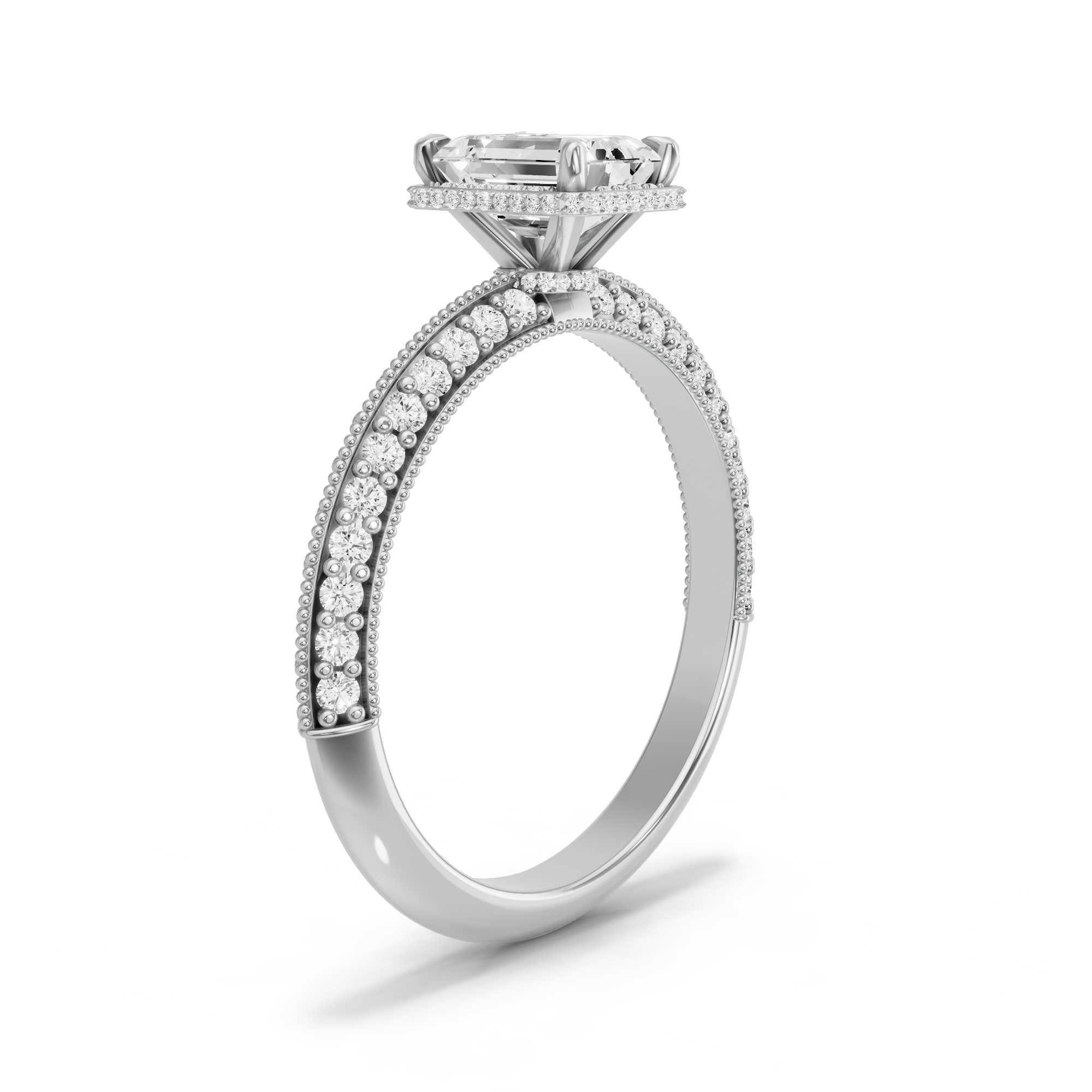 Image for Emerald Dual Halo Ring with Knife Edge Pave band in 14K White Gold