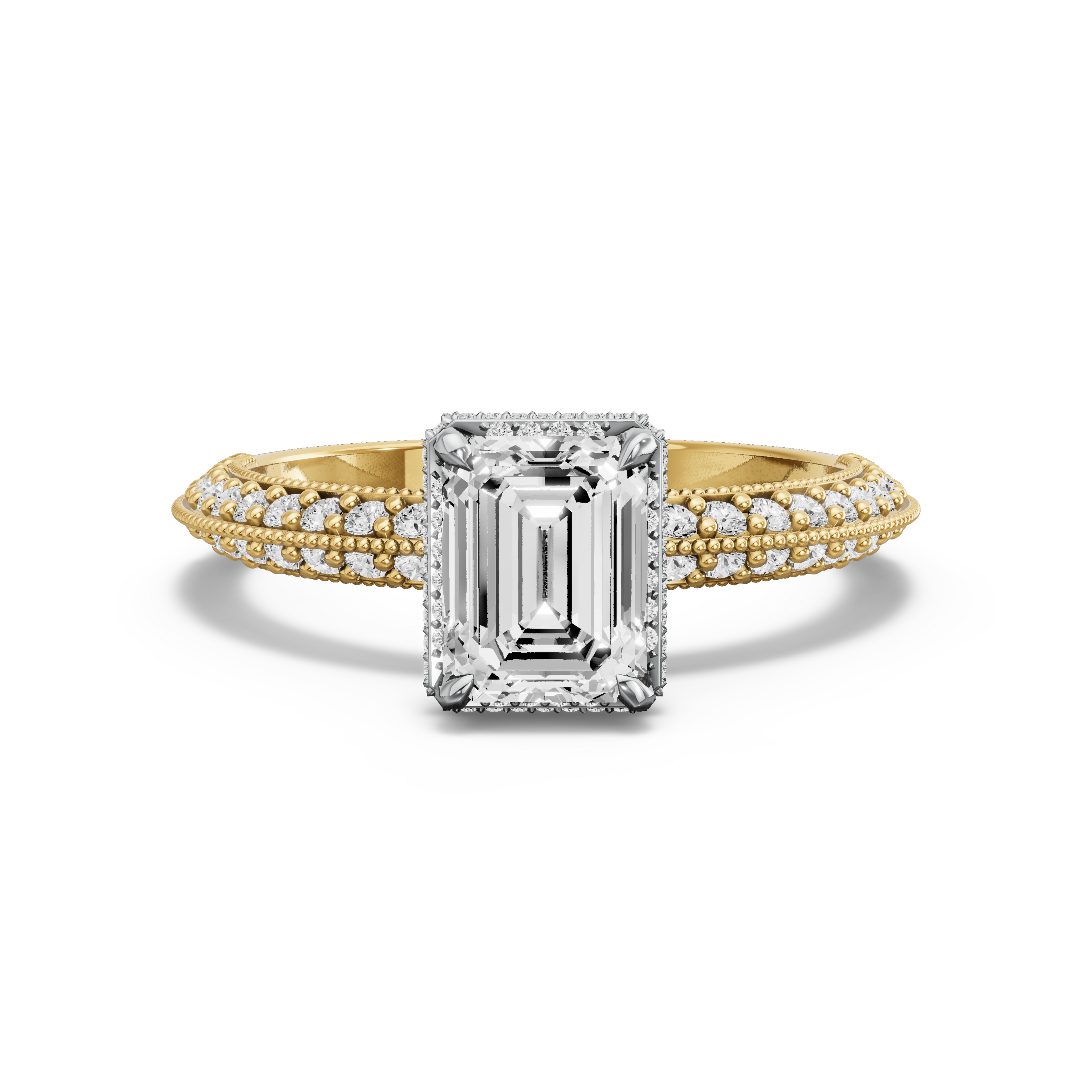 Image for Emerald Dual Halo Ring with Knife Edge Pave band in 18K Two Tone Yellow Gold
