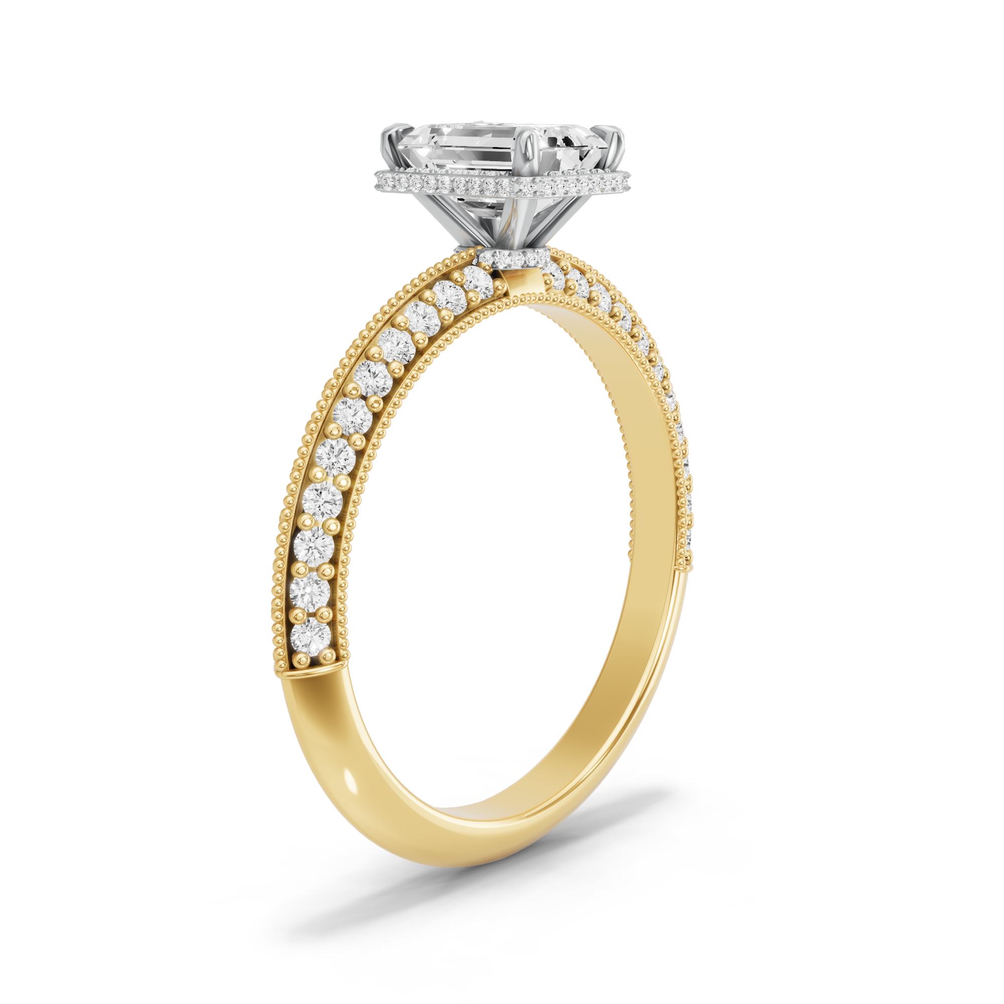 Image for Emerald Dual Halo Ring with Knife Edge Pave band in 18K Two Tone Yellow Gold
