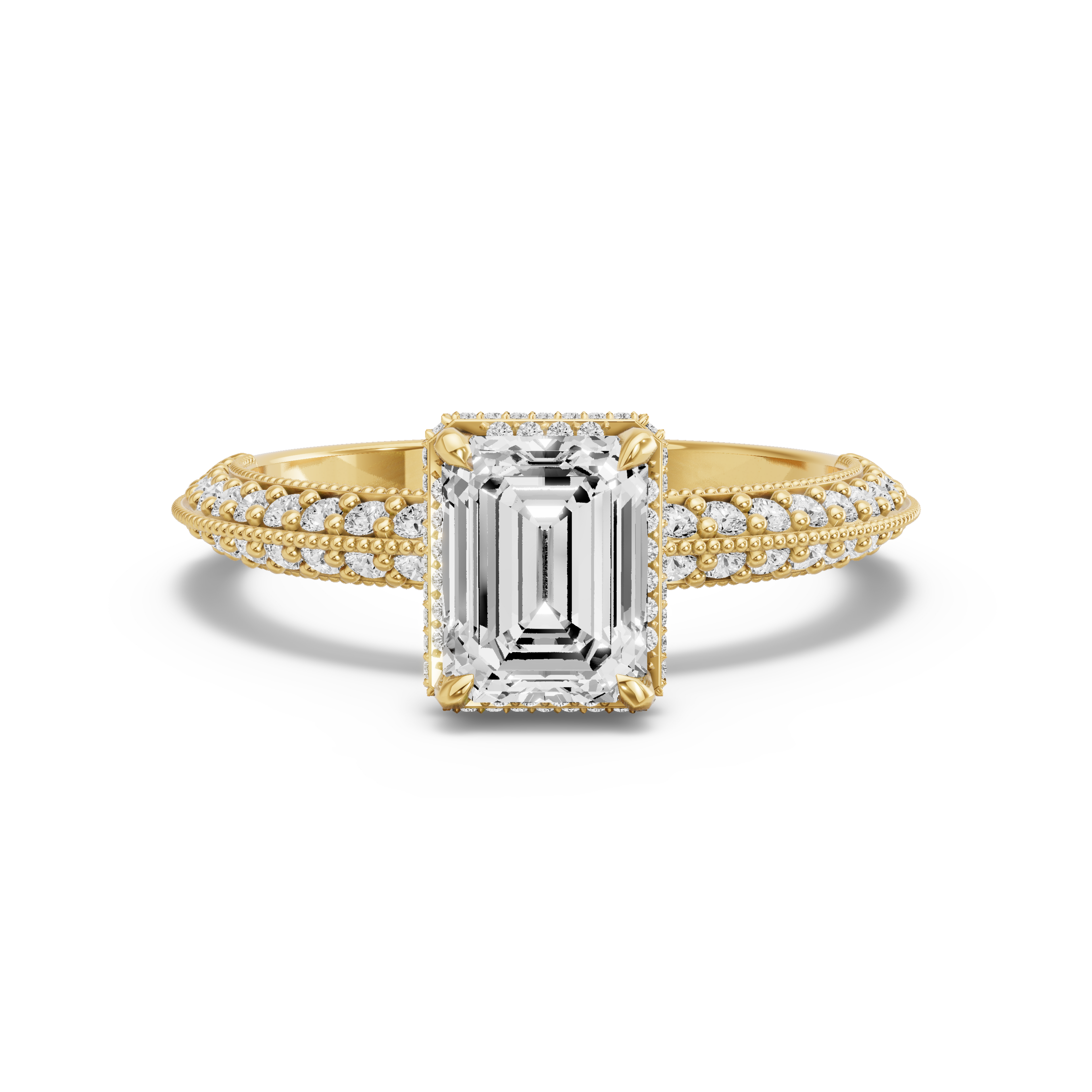 Image for Emerald Dual Halo Ring with Knife Edge Pave band in 14K Yellow Gold