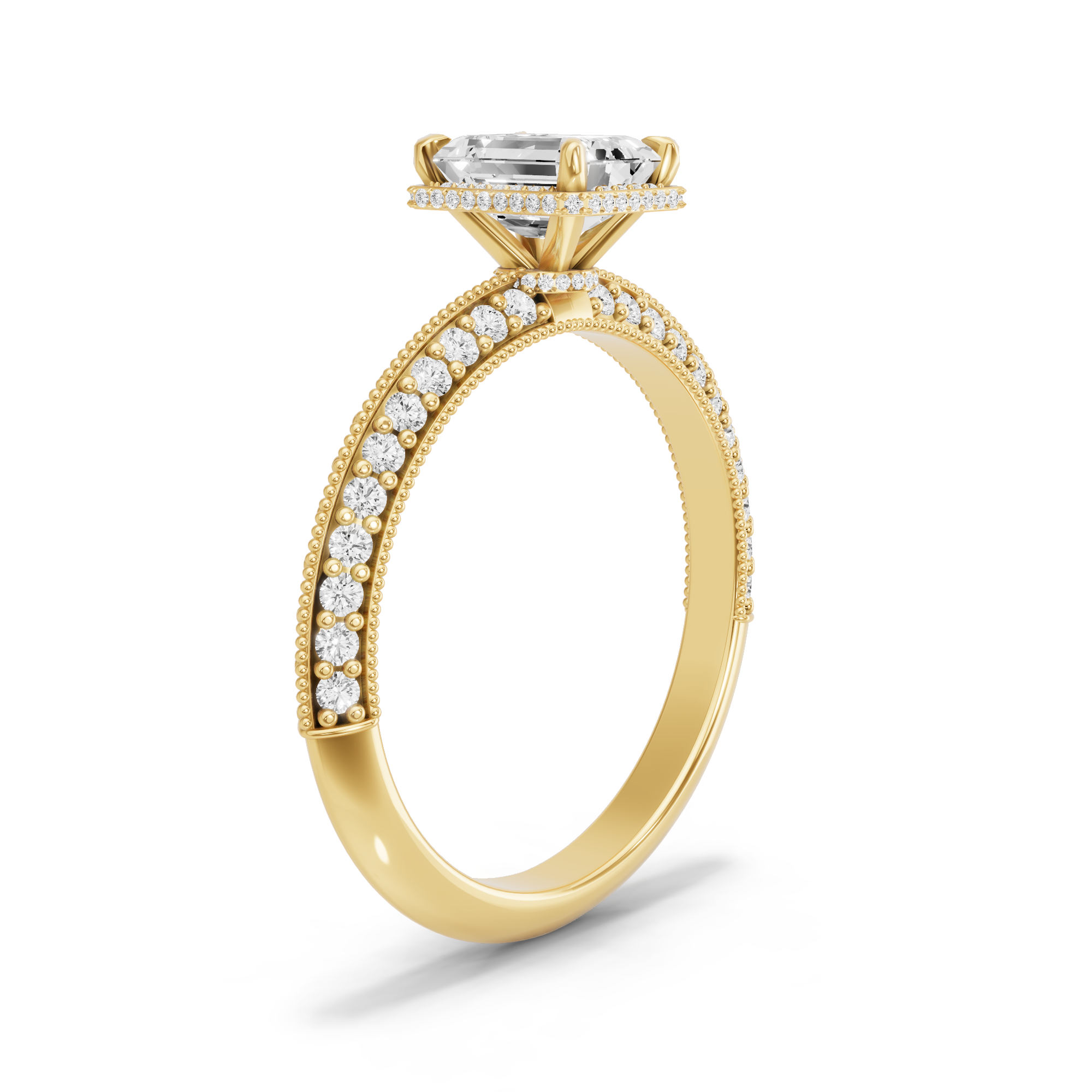 Image for Emerald Dual Halo Ring with Knife Edge Pave band in 10K Yellow Gold
