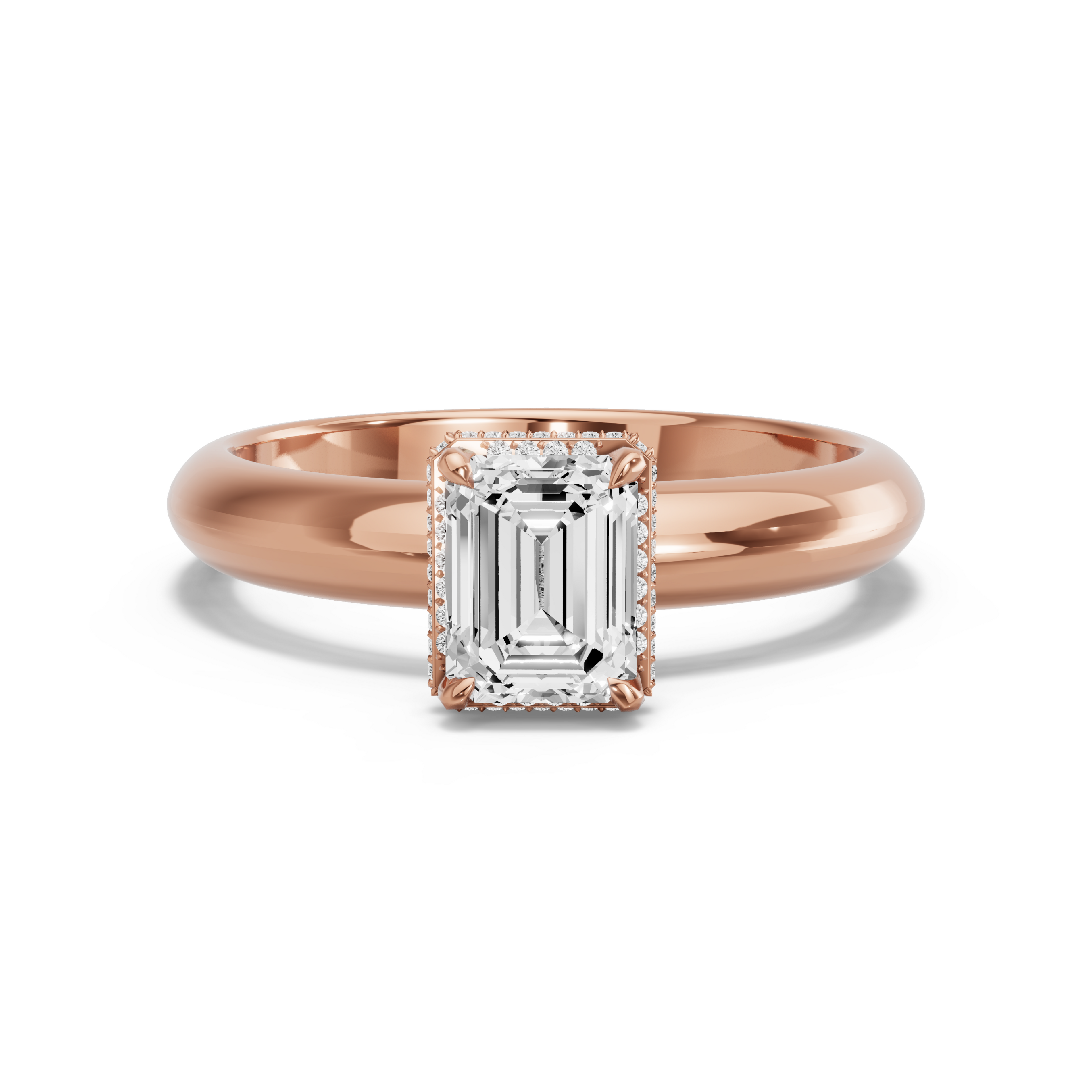 Image for Emerald Dual Halo Ring with Knife Edge Solitaire band in 18K Rose Gold