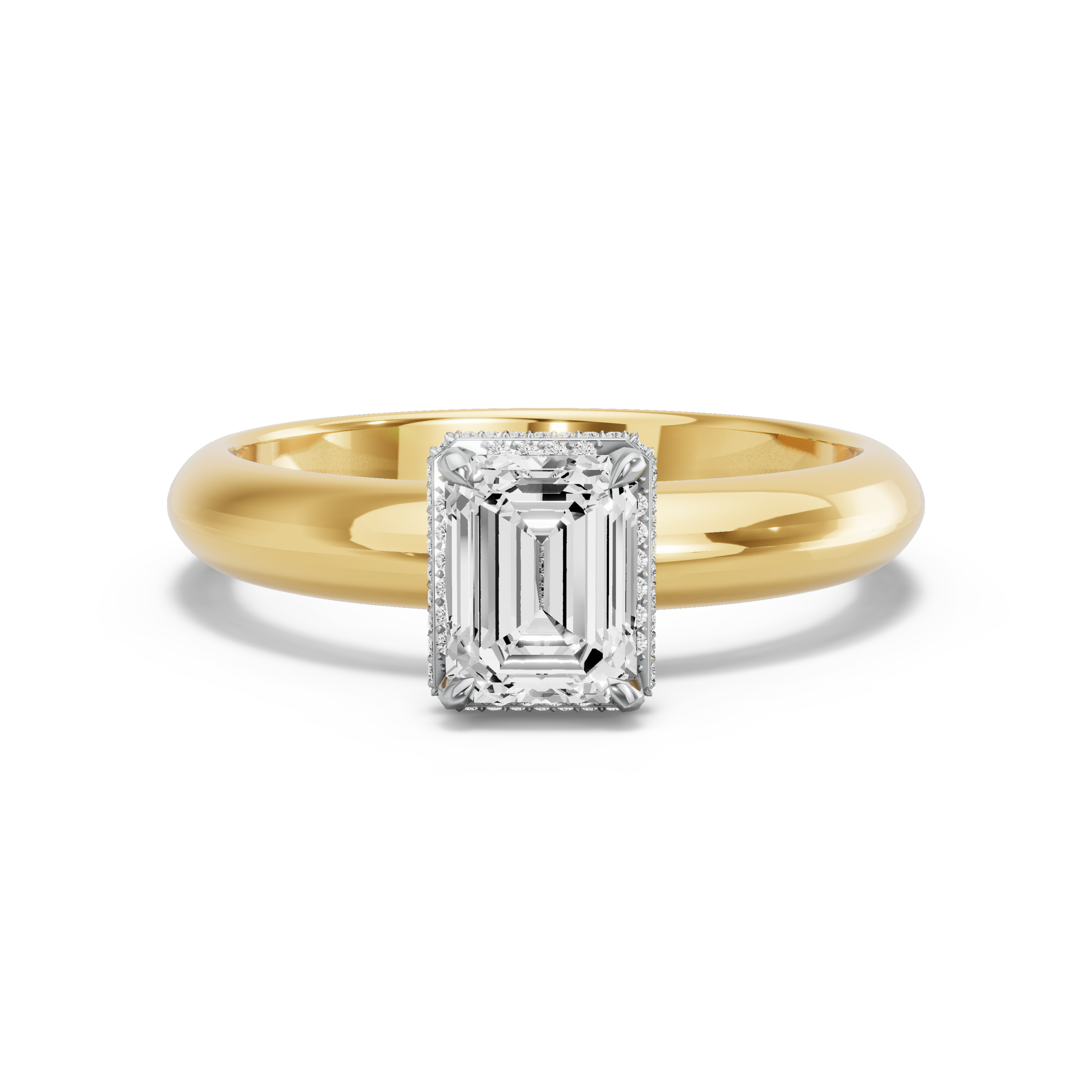 Image for Emerald Dual Halo Ring with Knife Edge Solitaire band in 10K Two Tone Yellow Gold
