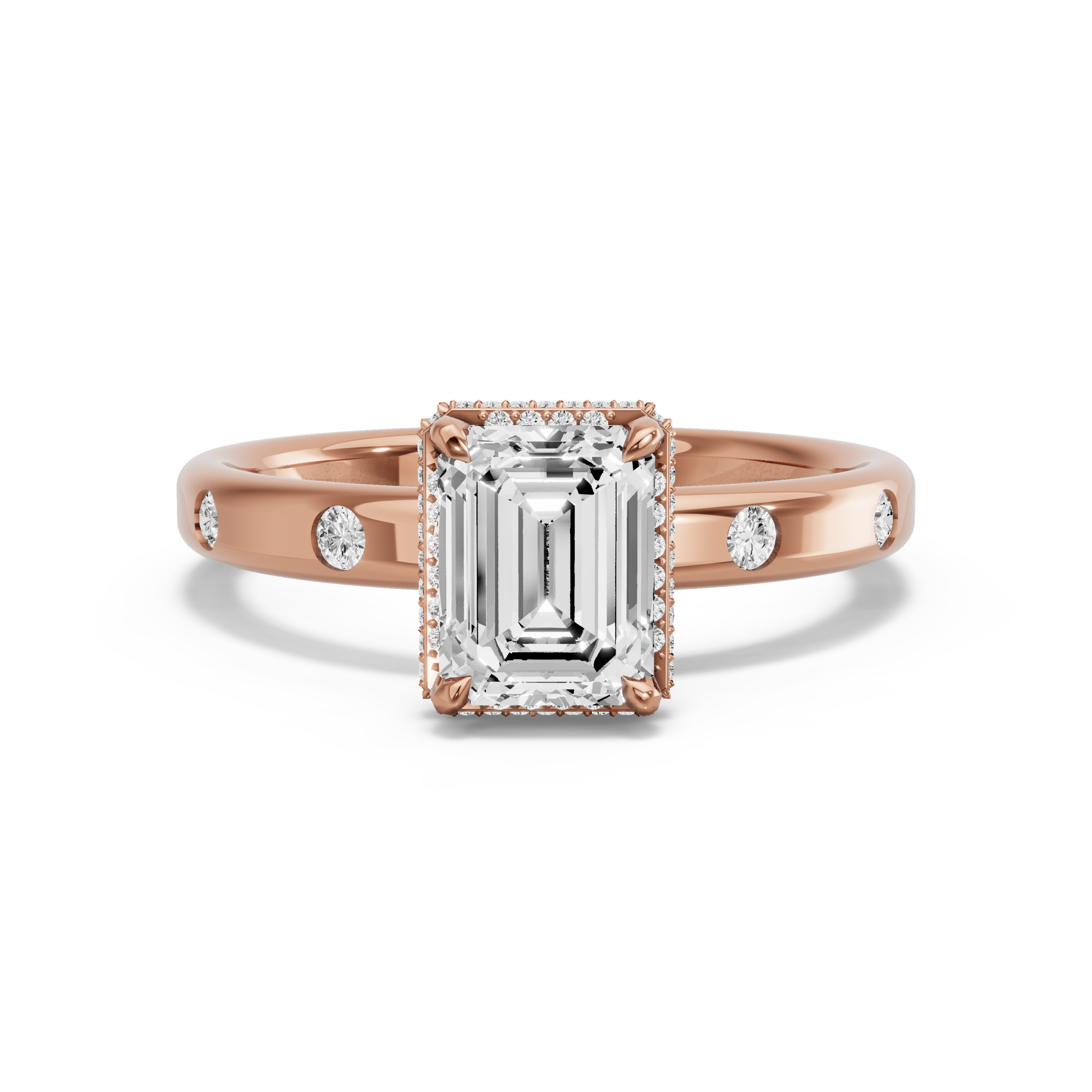 Image for Emerald Dual Halo Ring with Sleek Accent band in 18K Rose Gold
