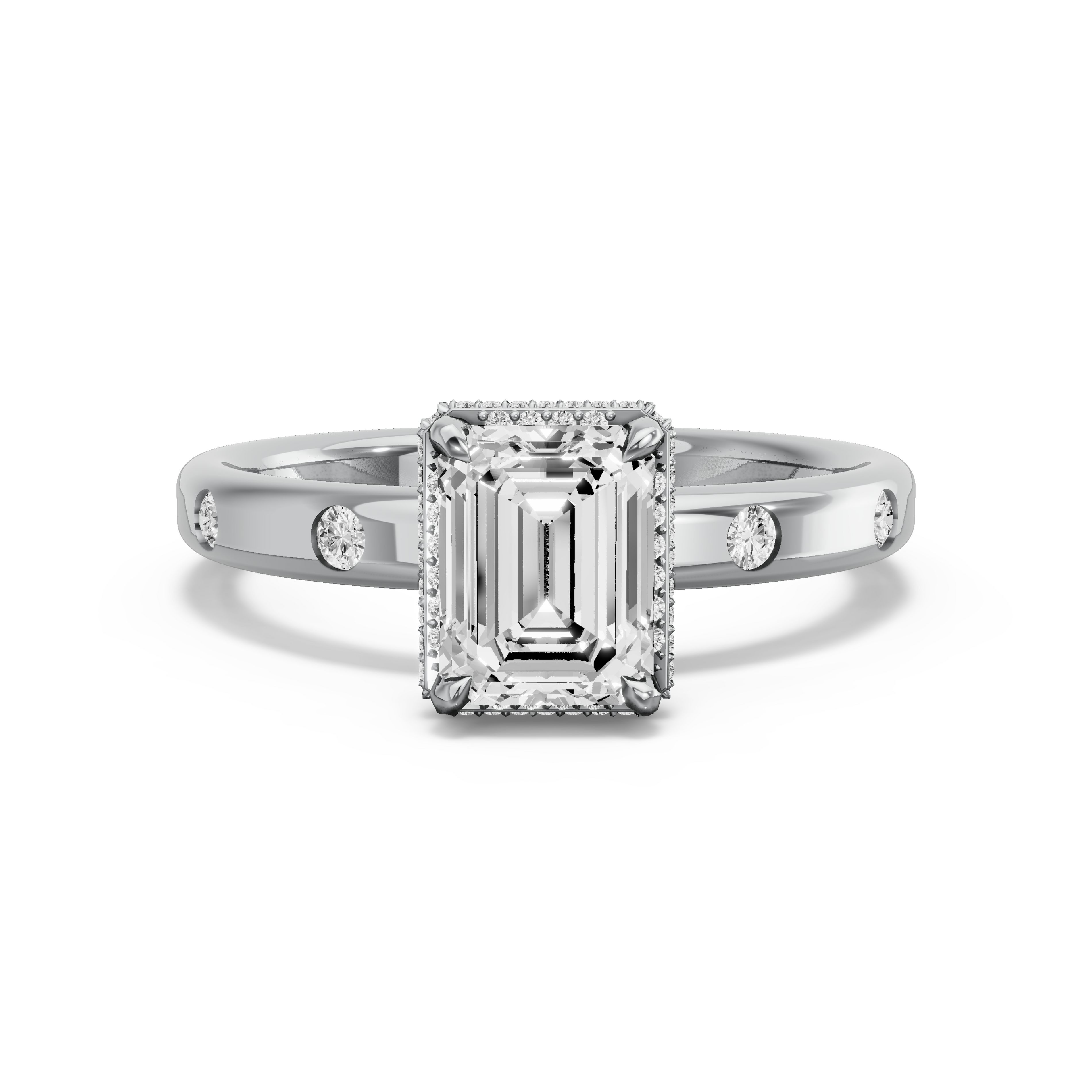 Image for Emerald Dual Halo Ring with Sleek Accent band in 18K White Gold