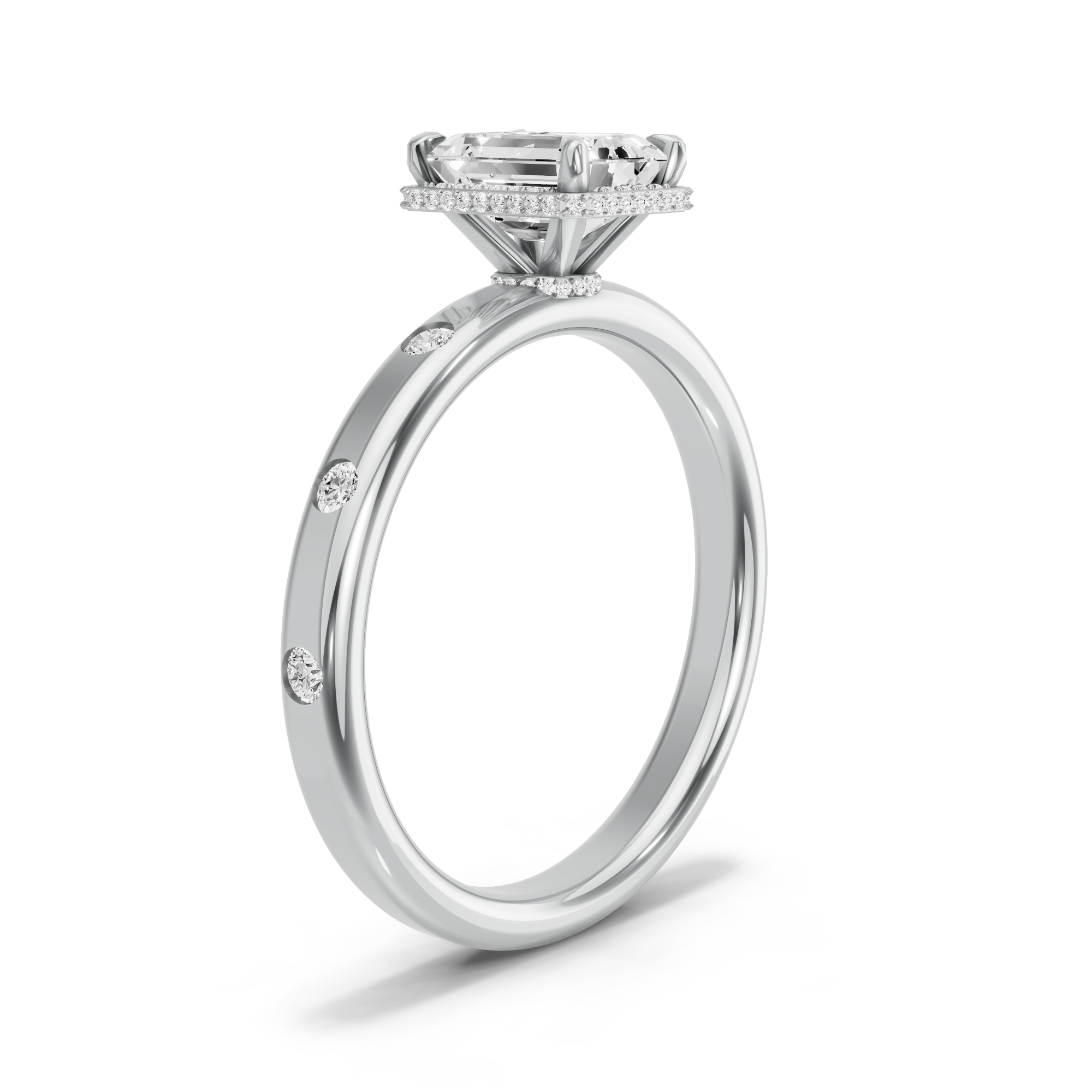 Image for Emerald Dual Halo Ring with Sleek Accent band in 18K White Gold