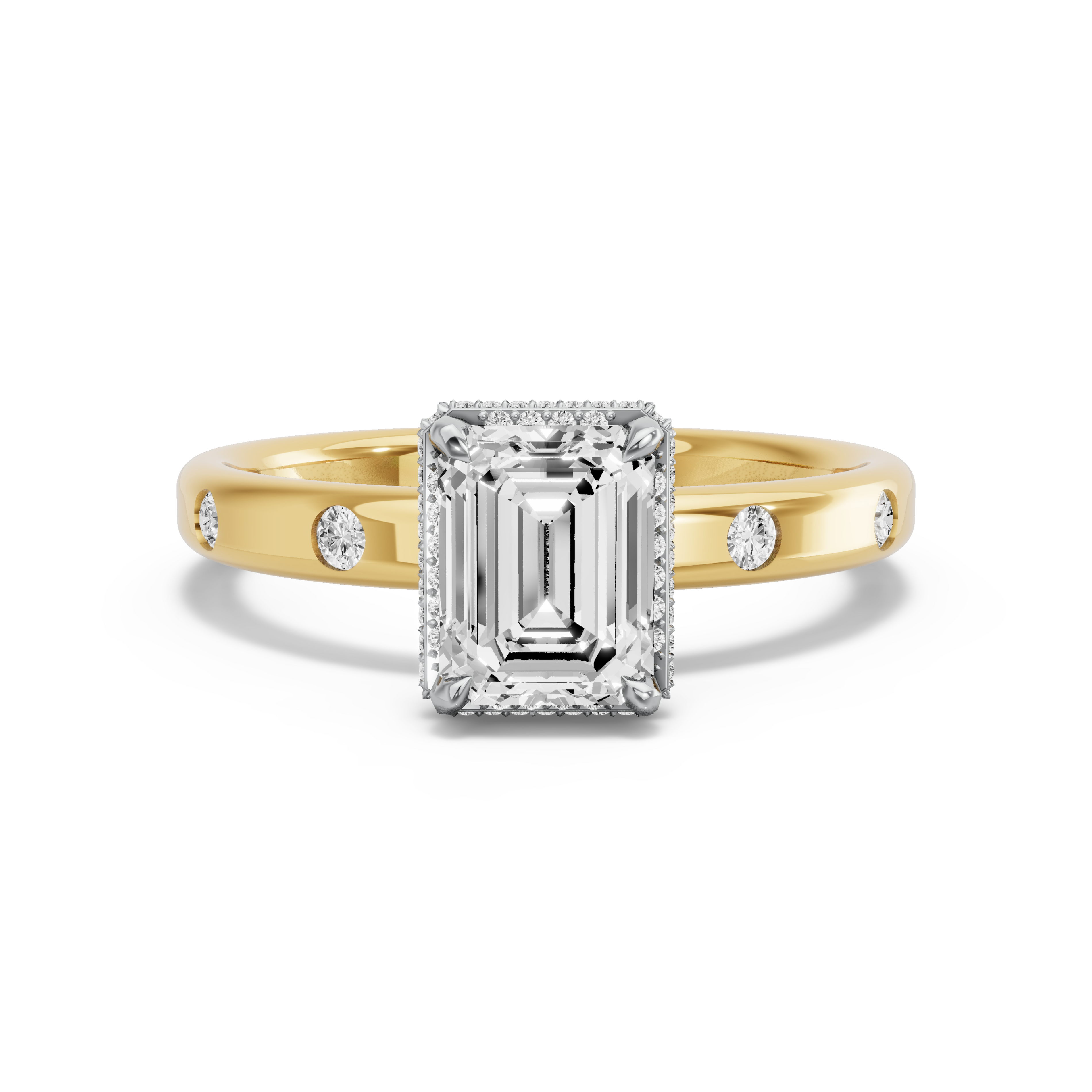 Image for Emerald Dual Halo Ring with Sleek Accent band in 18K Two Tone Yellow Gold