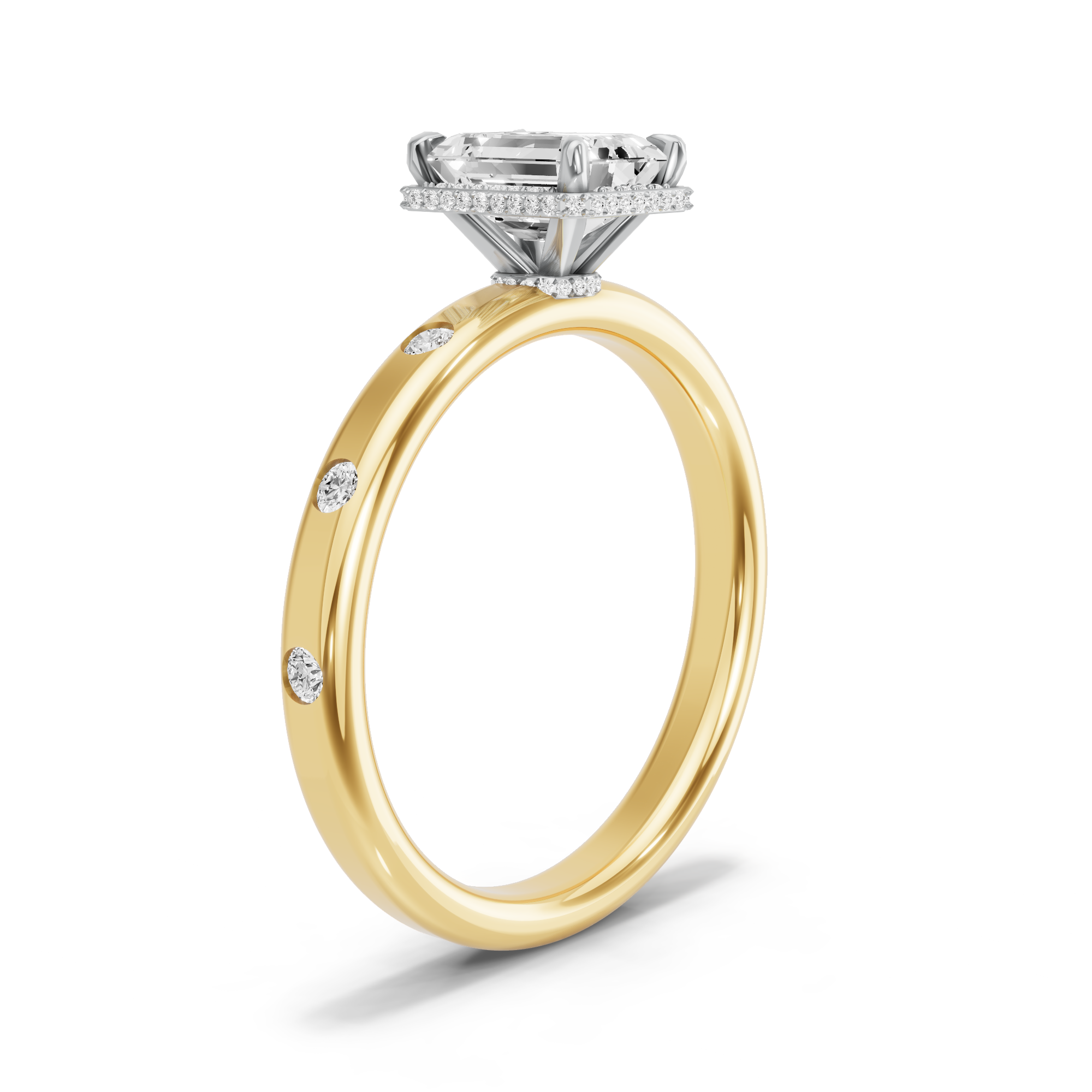 Image for Emerald Dual Halo Ring with Sleek Accent band in 18K Two Tone Yellow Gold