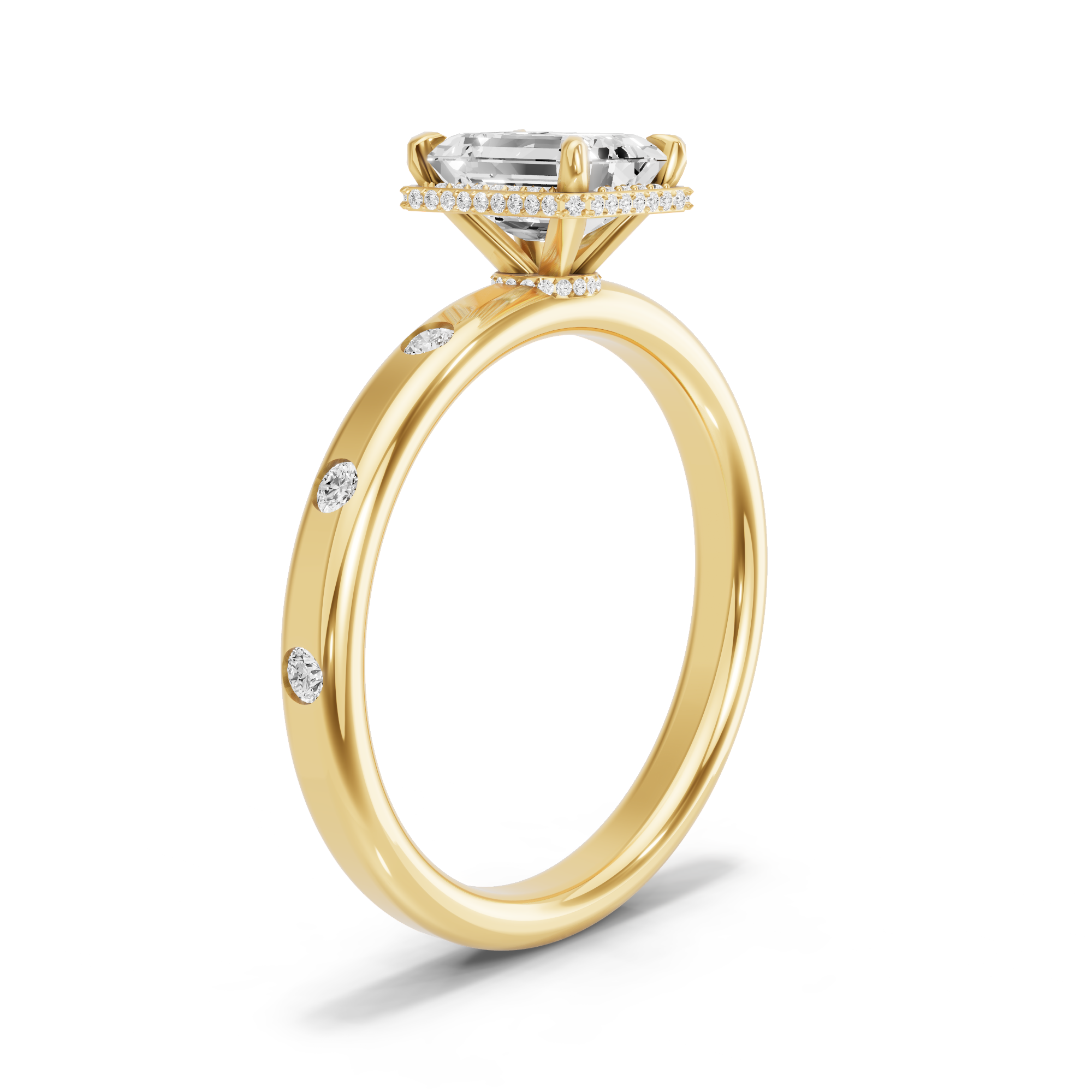 Image for Emerald Dual Halo Ring with Sleek Accent band in 18K Yellow Gold