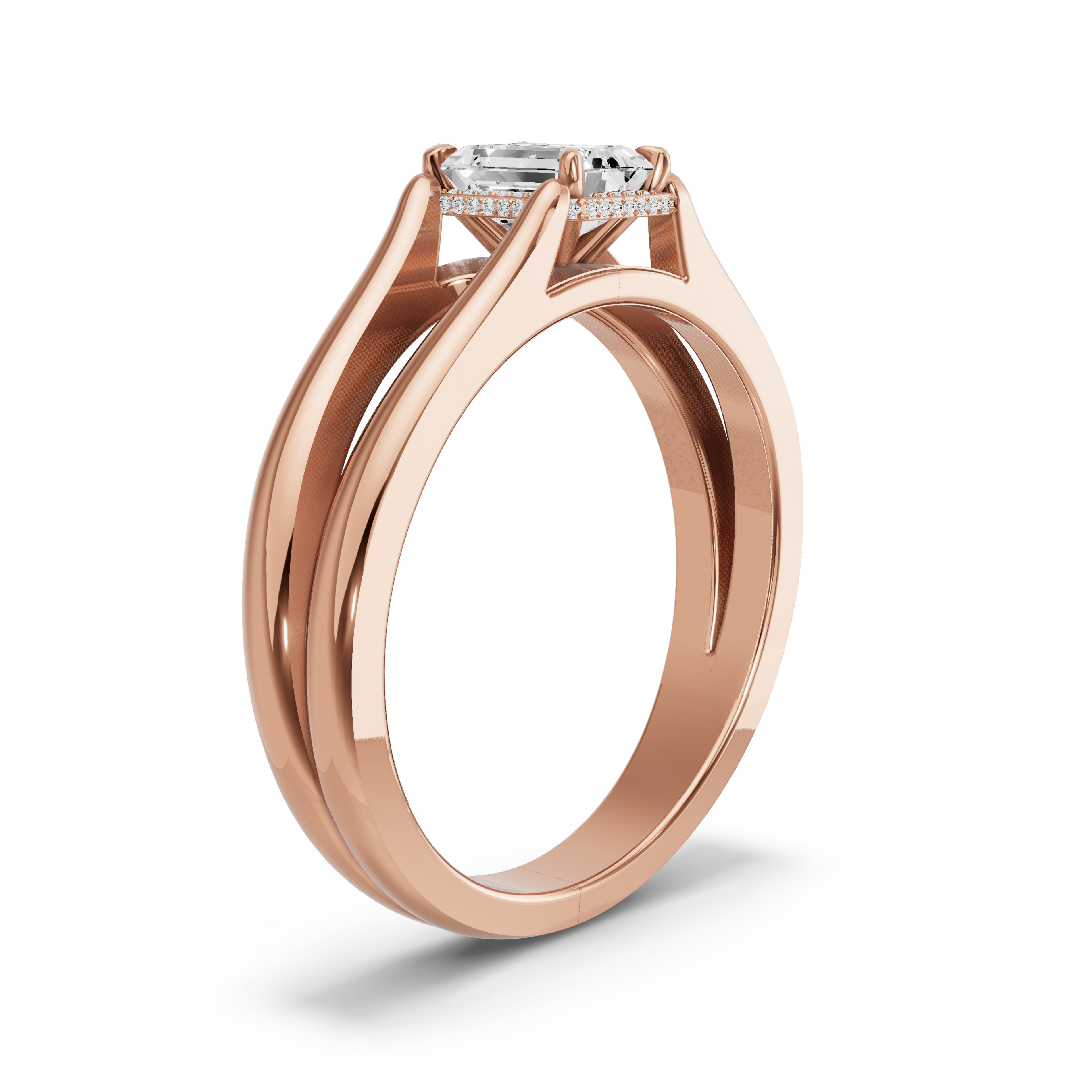 Image for Emerald Dual Halo Ring with Split Ring Solitaire band in 18K Rose Gold