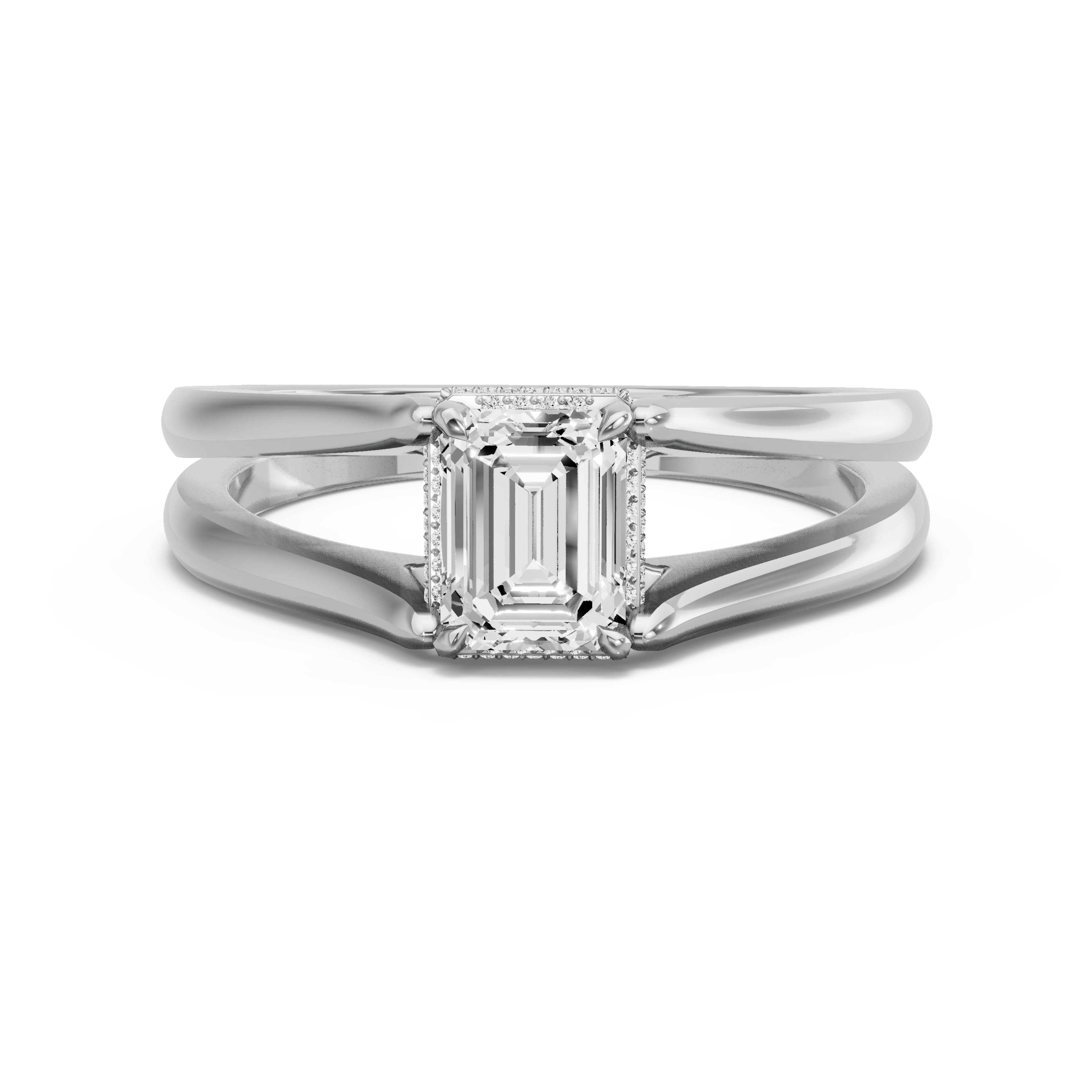 Image for Emerald Dual Halo Ring with Split Ring Solitaire band in 10K White Gold
