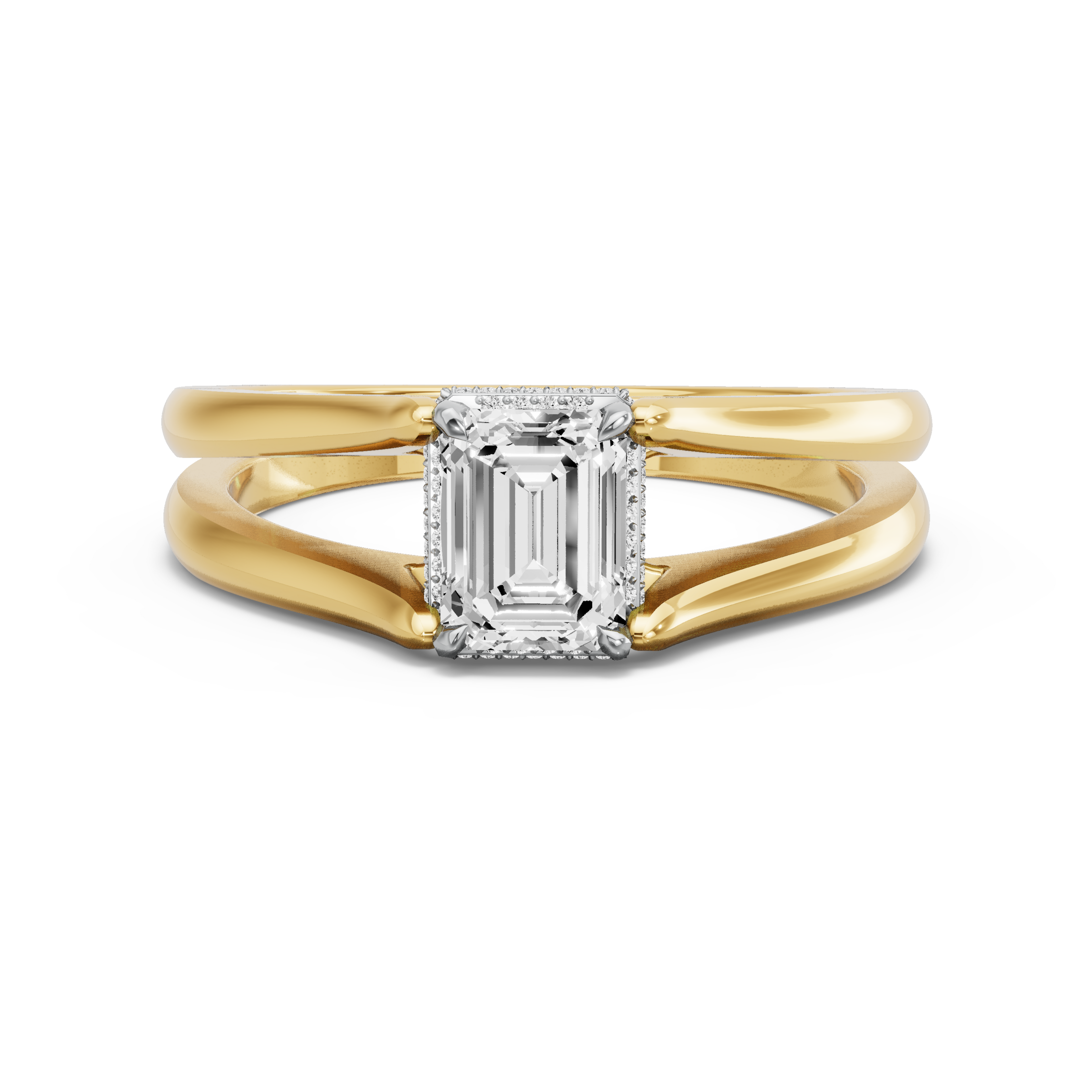 Image for Emerald Dual Halo Ring with Split Ring Solitaire band in 10K Two Tone Yellow Gold