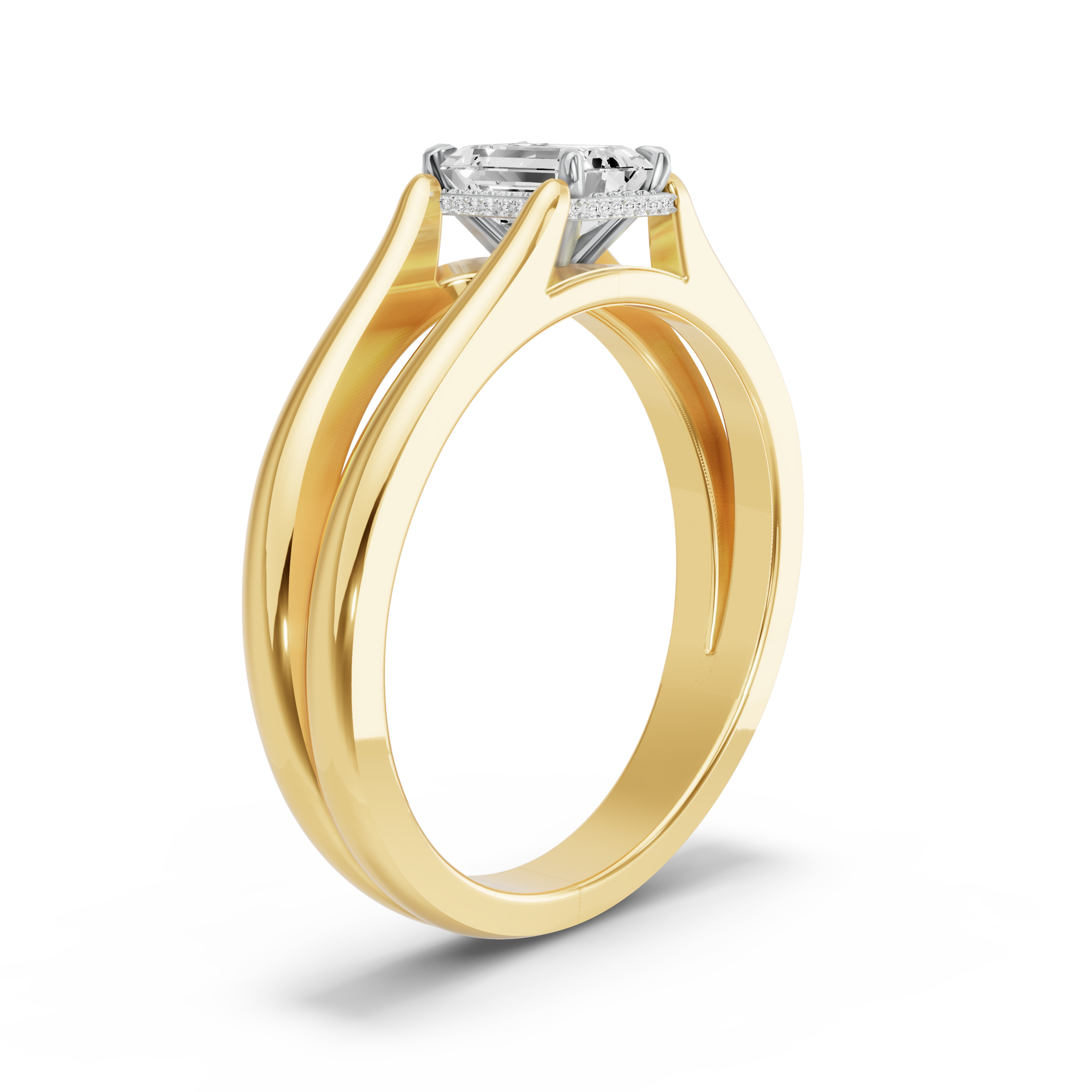 Image for Emerald Dual Halo Ring with Split Ring Solitaire band in 18K Two Tone Yellow Gold