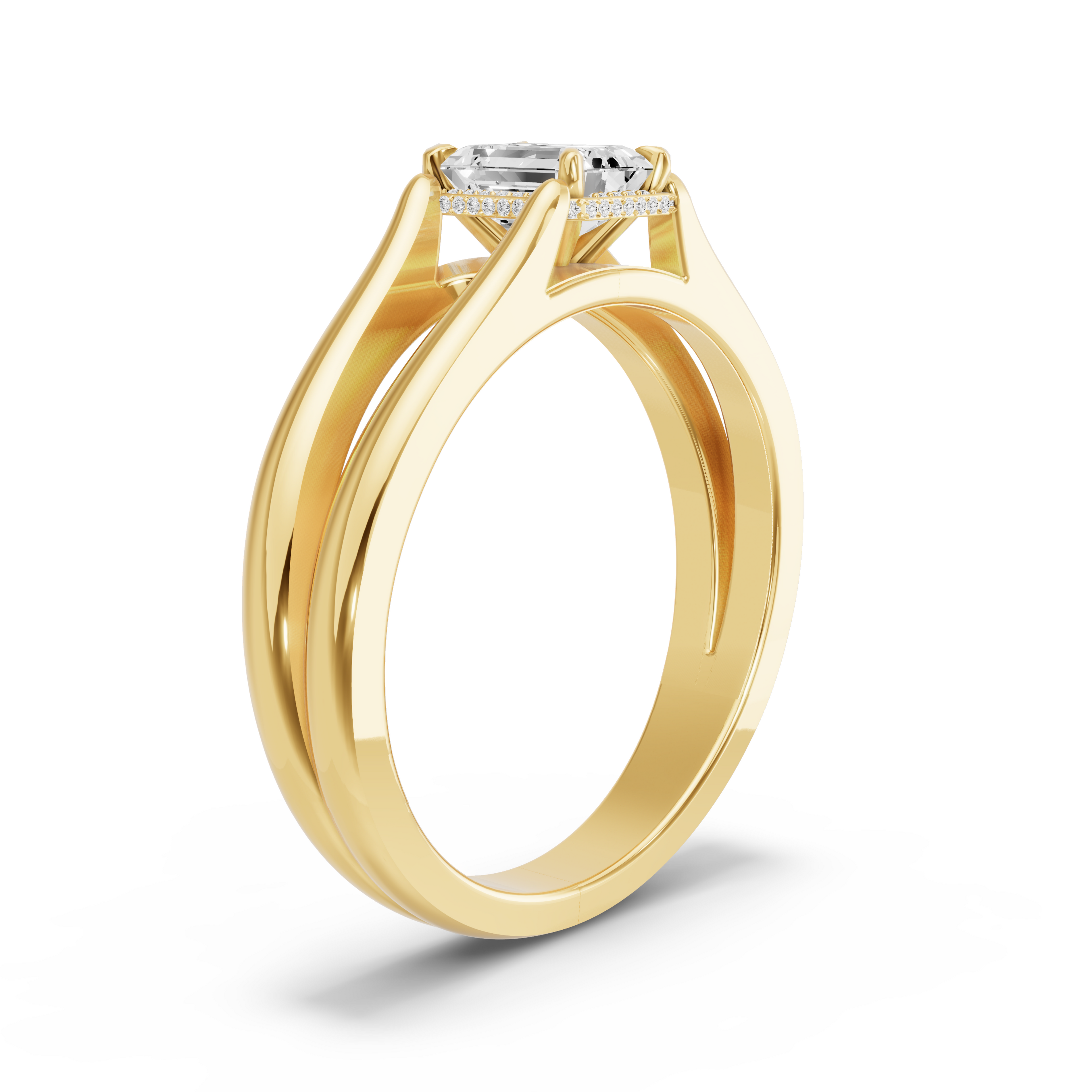 Image for Emerald Dual Halo Ring with Split Ring Solitaire band in 18K Yellow Gold