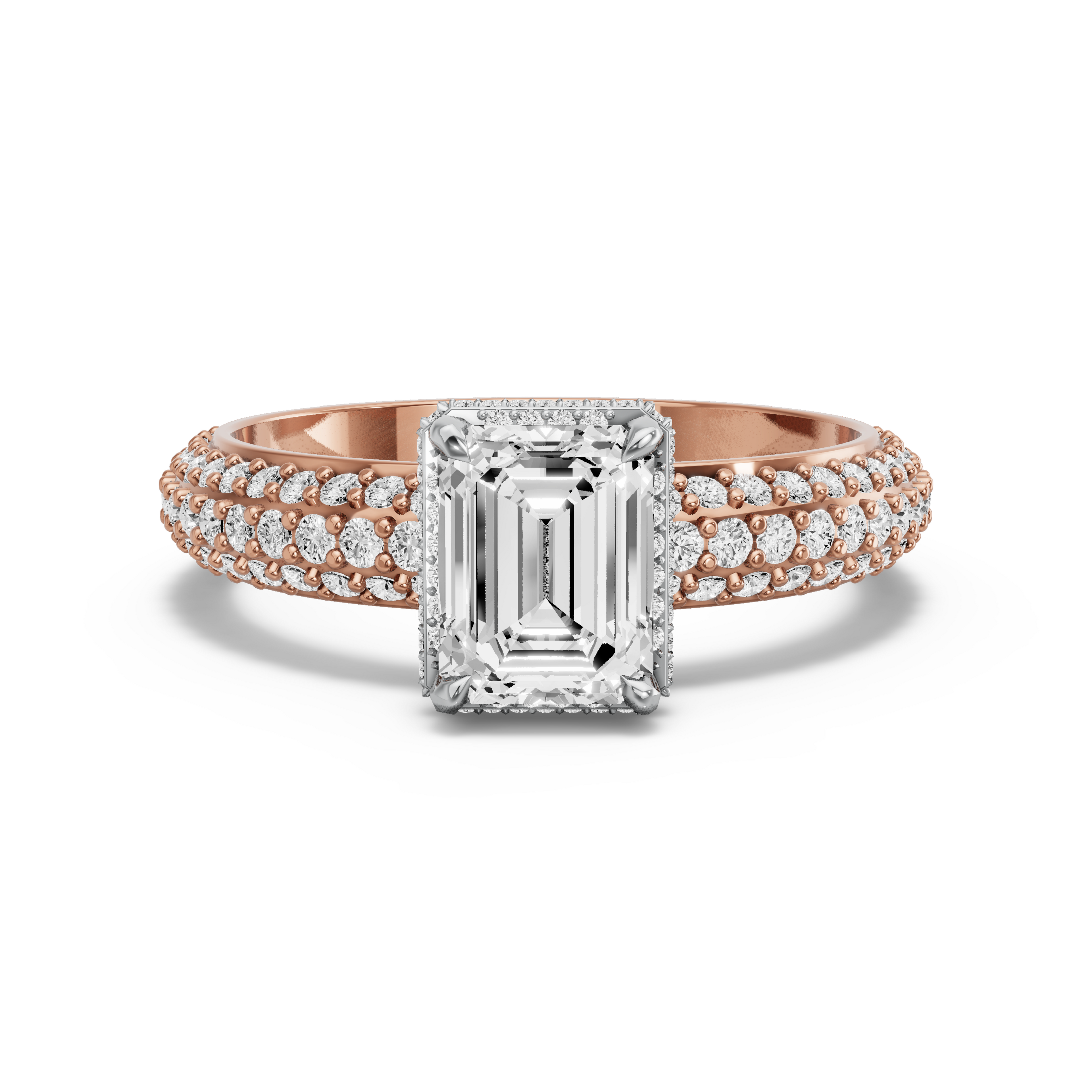 Image for Emerald Dual Halo Ring with Triple Row Pave band in 14K Two Tone Rose Gold