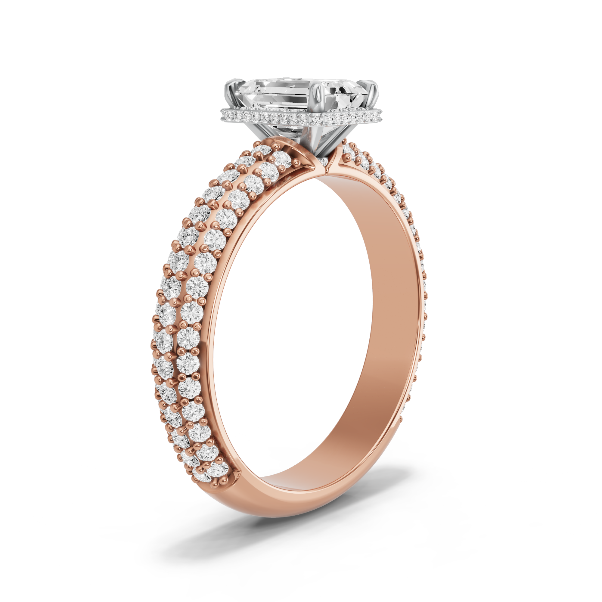 Image for Emerald Dual Halo Ring with Triple Row Pave band in 14K Two Tone Rose Gold