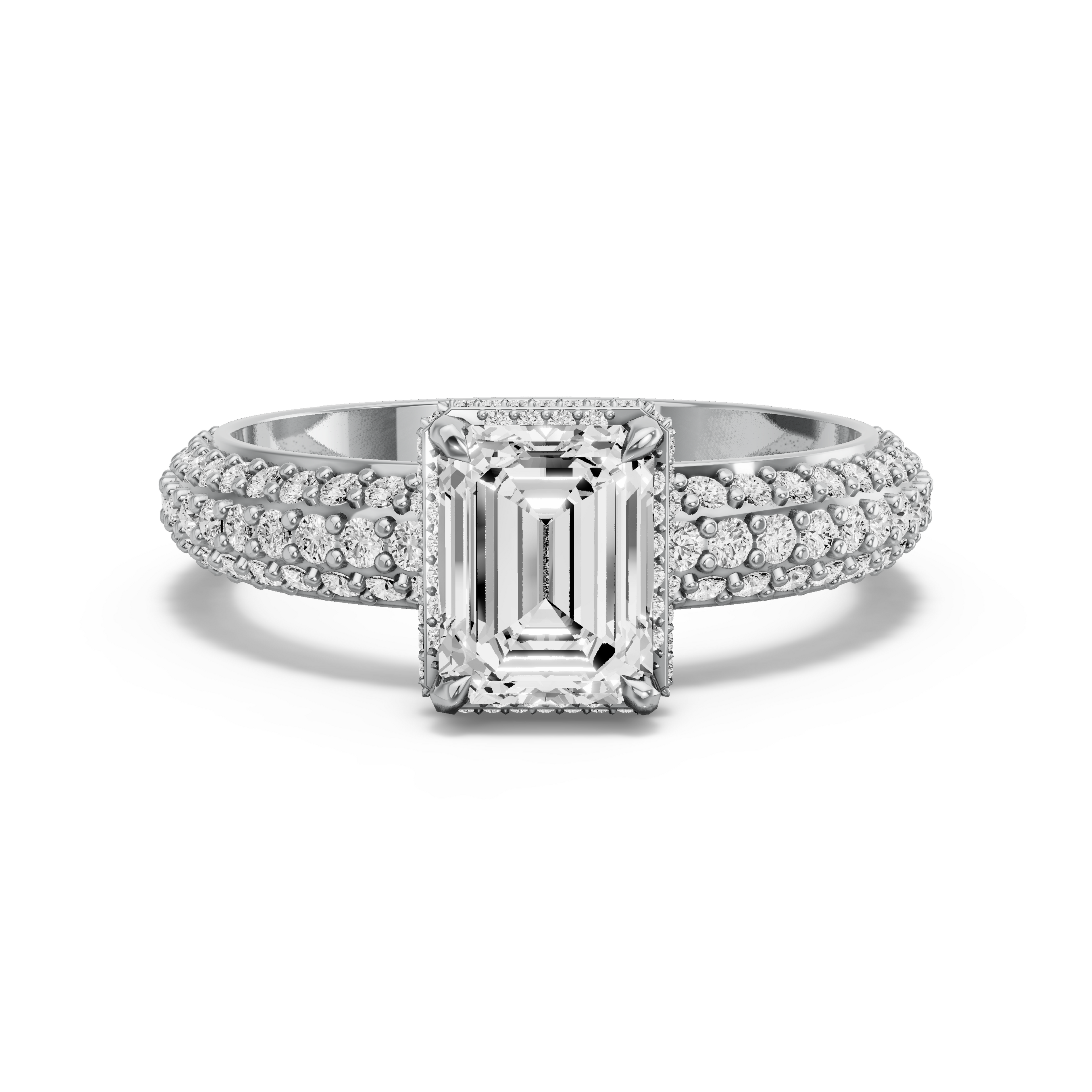 Image for Emerald Dual Halo Ring with Triple Row Pave band in 14K White Gold