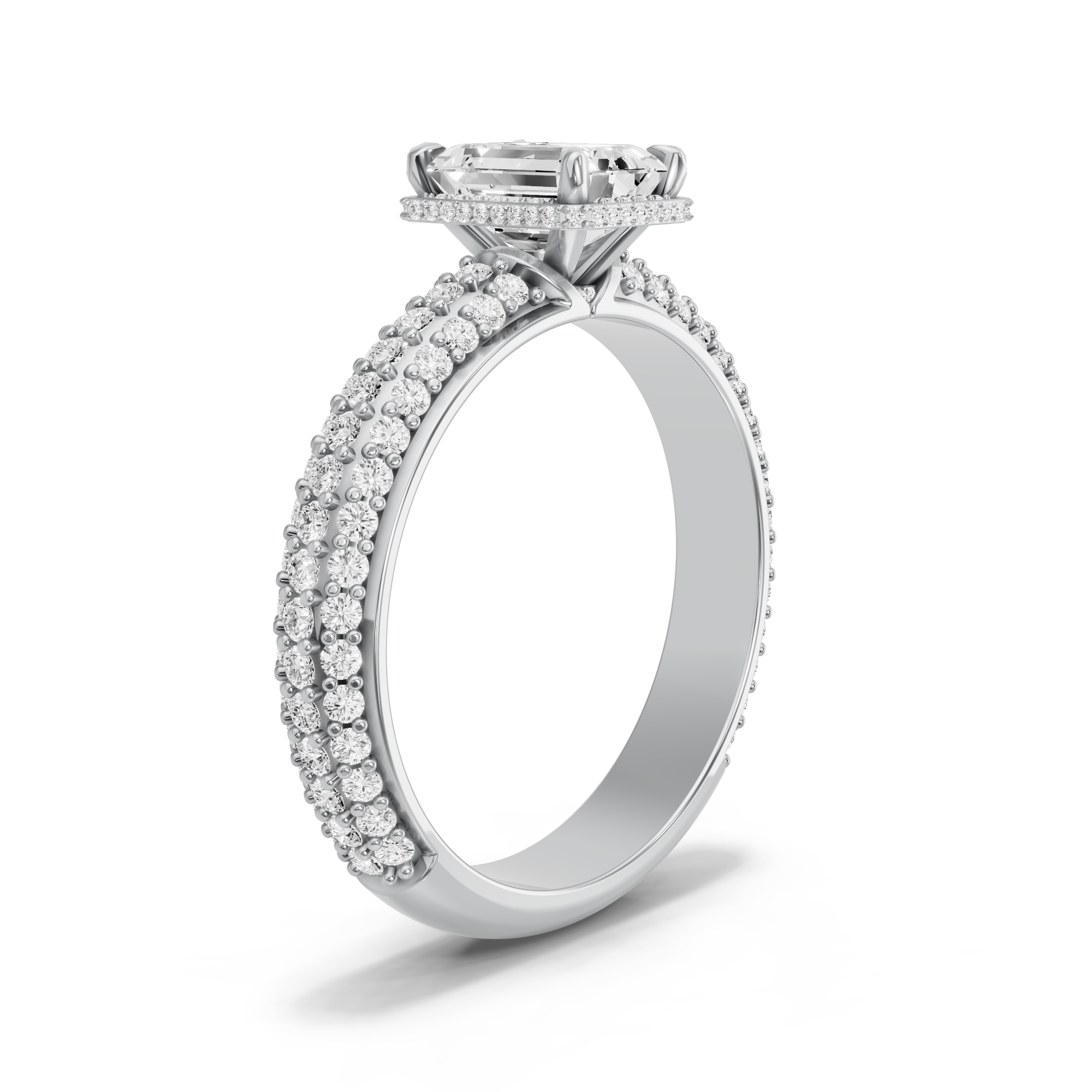 Image for Emerald Dual Halo Ring with Triple Row Pave band in 14K White Gold