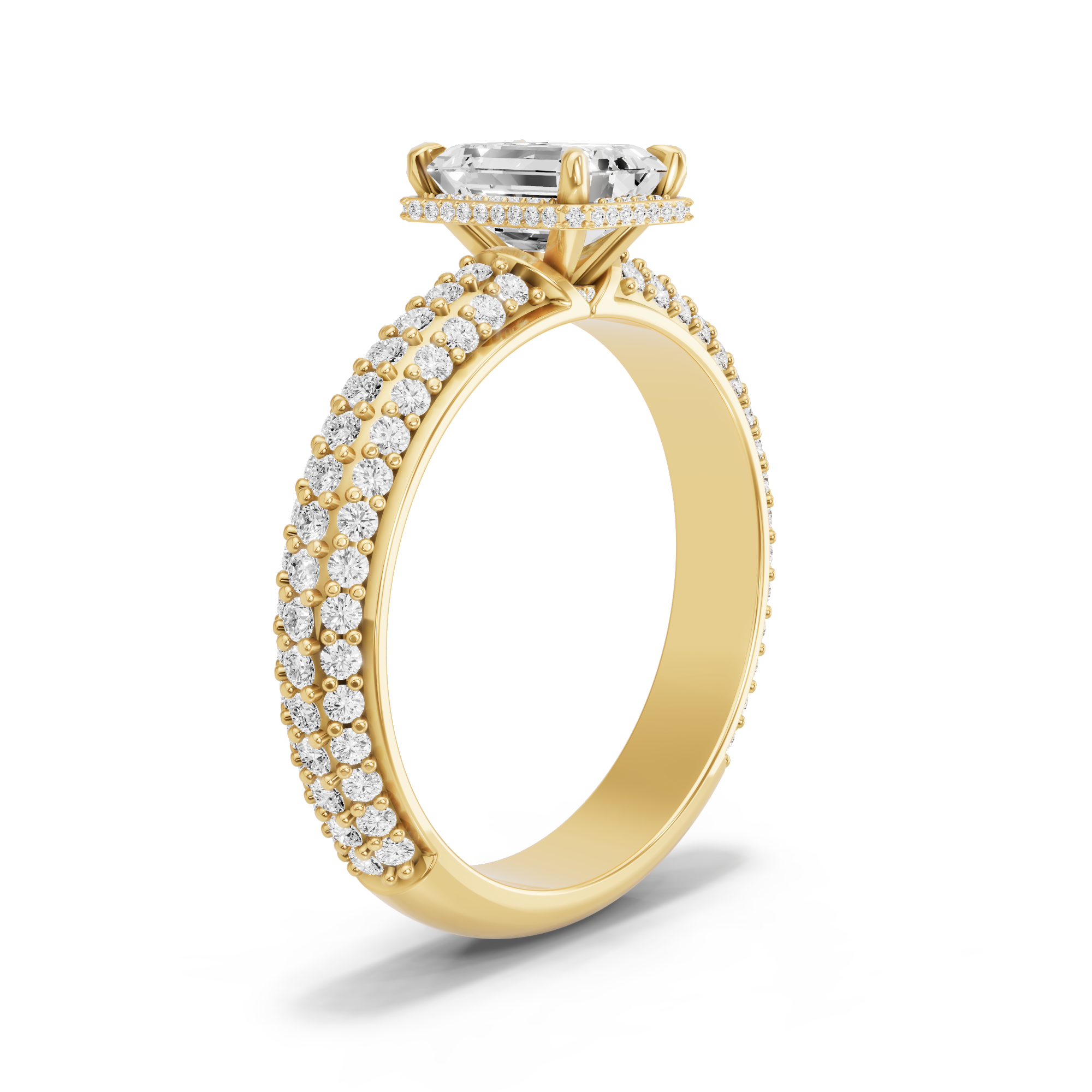 Image for Emerald Dual Halo Ring with Triple Row Pave band in 14K Yellow Gold