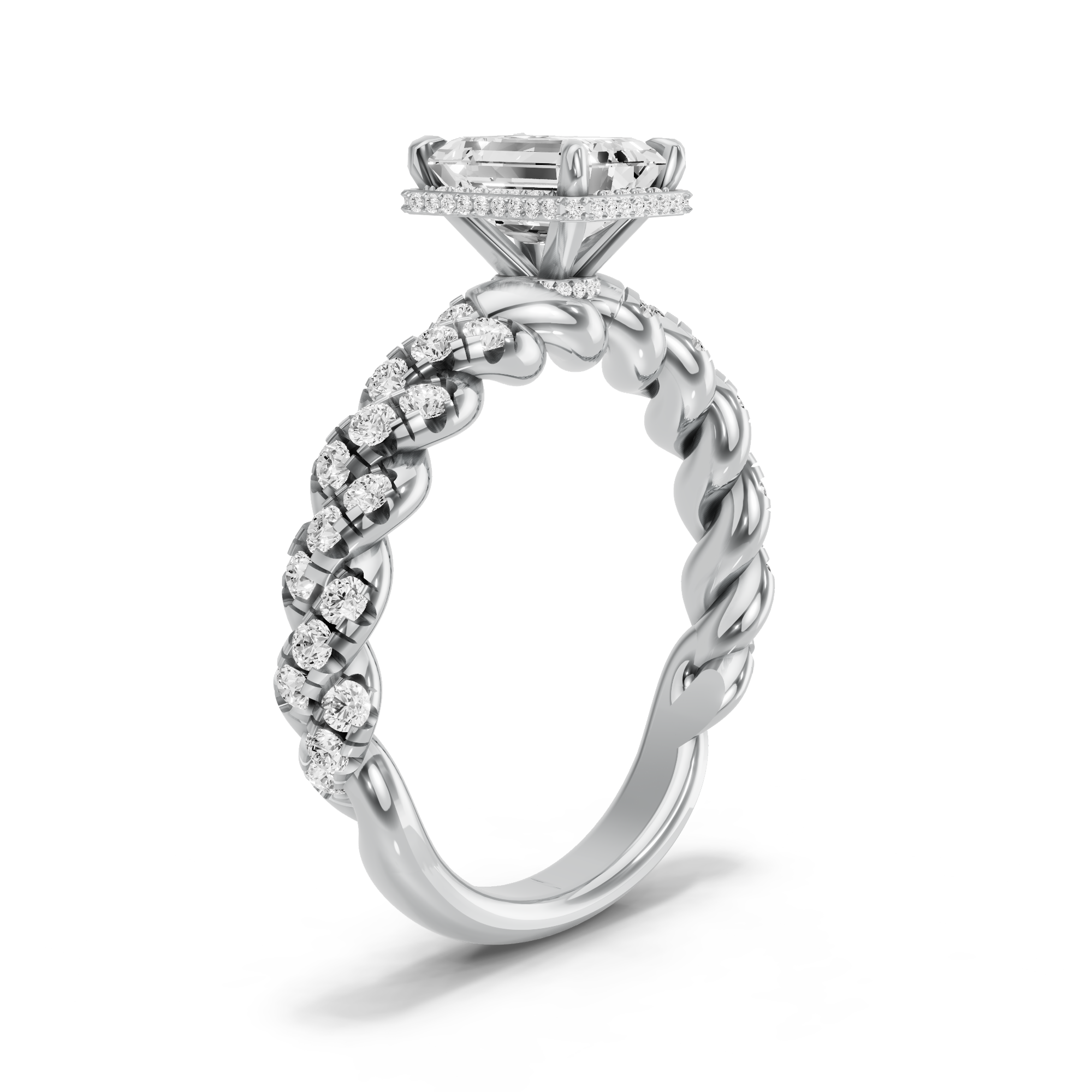 Image for Emerald Dual Halo Ring with Twist Pave band in 10K White Gold