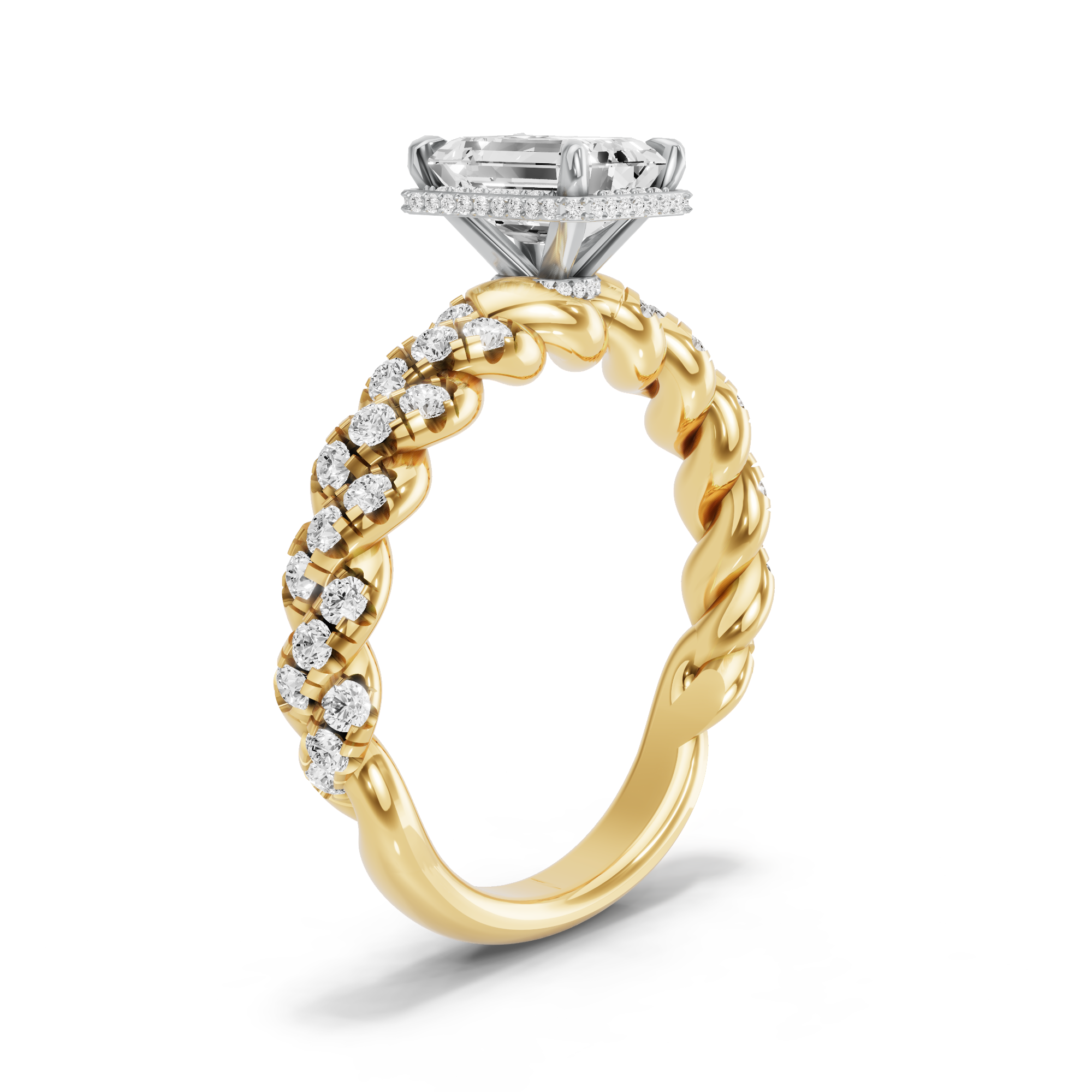 Image for Emerald Dual Halo Ring with Twist Pave band in 18K Two Tone Yellow Gold