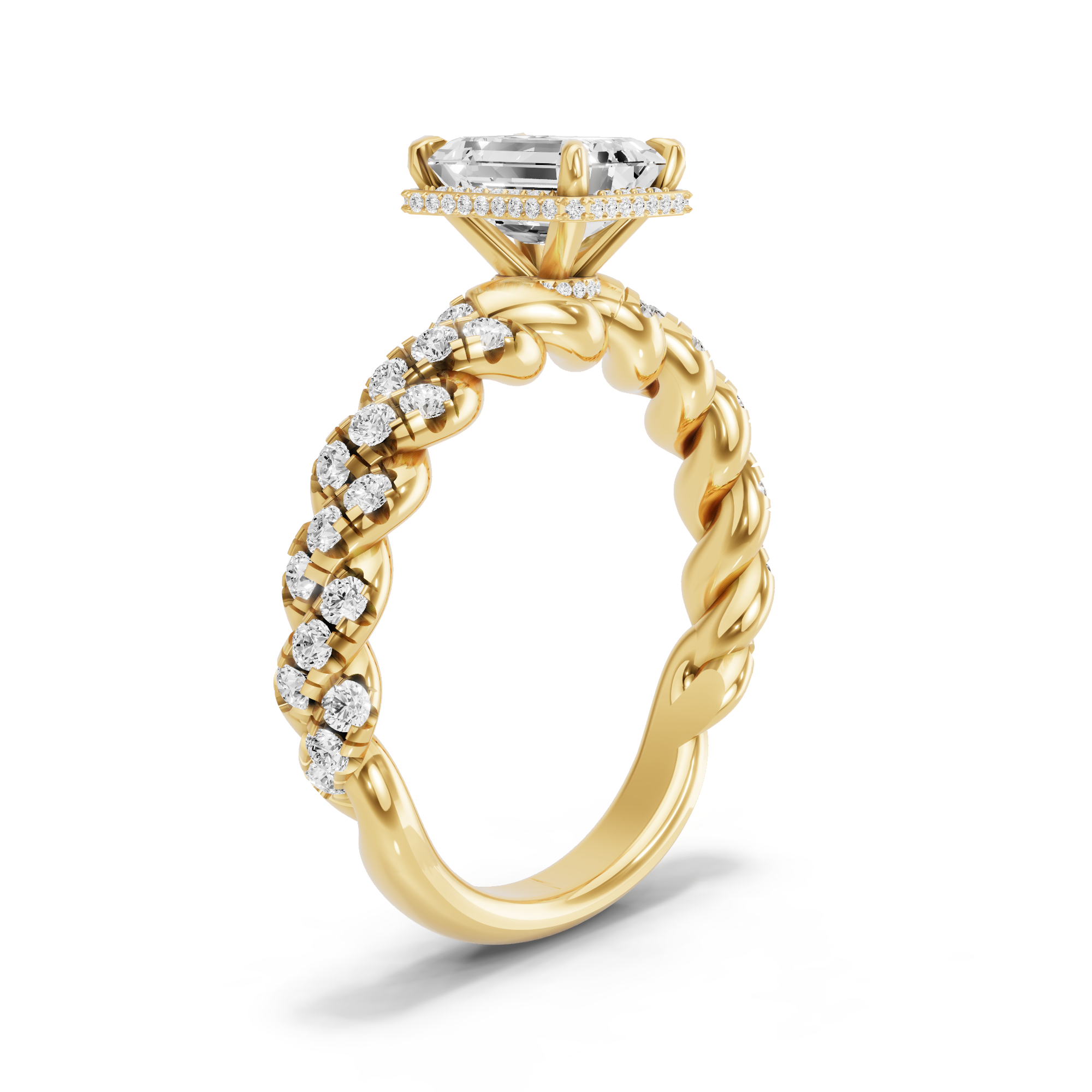 Image for Emerald Dual Halo Ring with Twist Pave band in 18K Yellow Gold