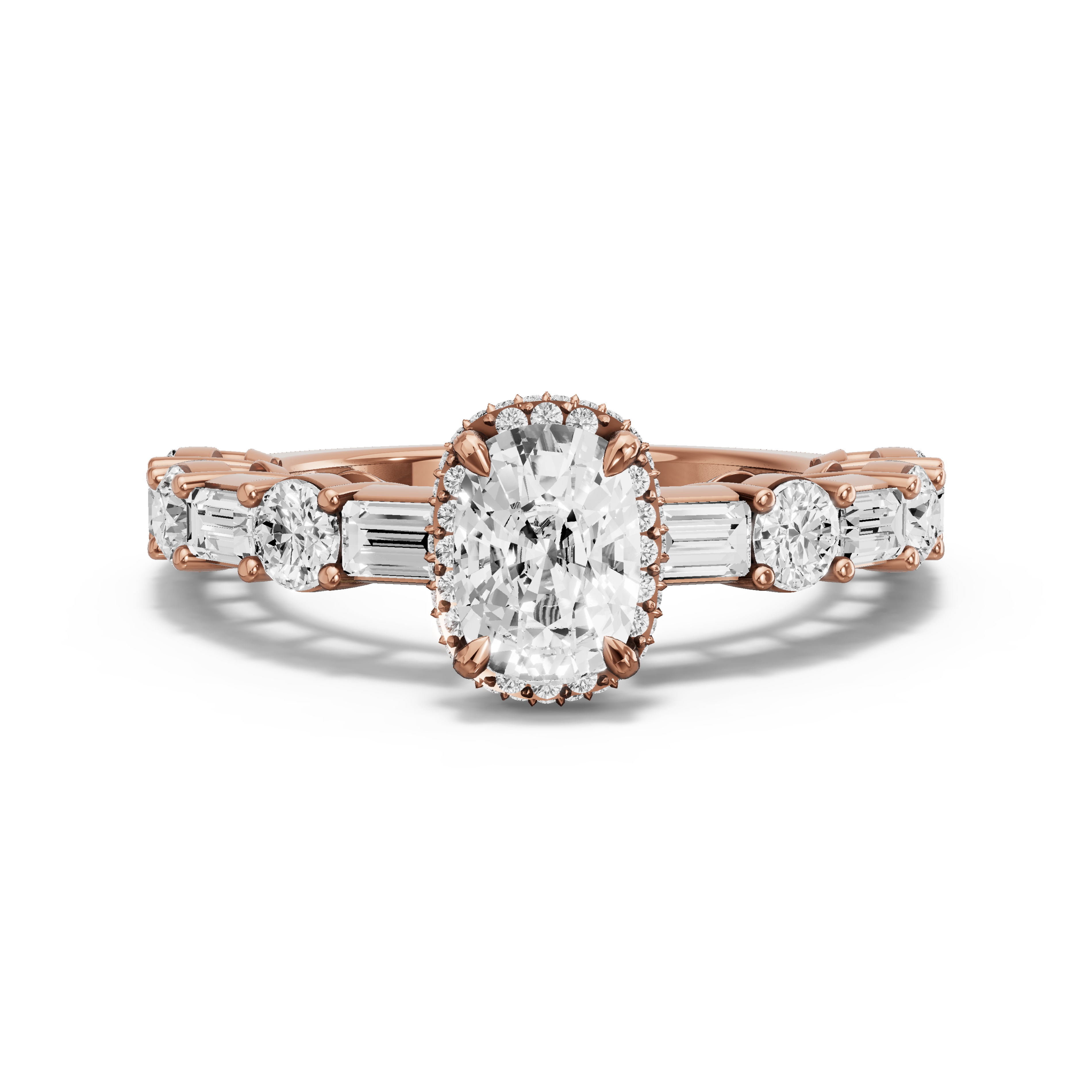 Image for Cushion Dual Halo Ring with Alternating Baguette band in 10K Rose Gold