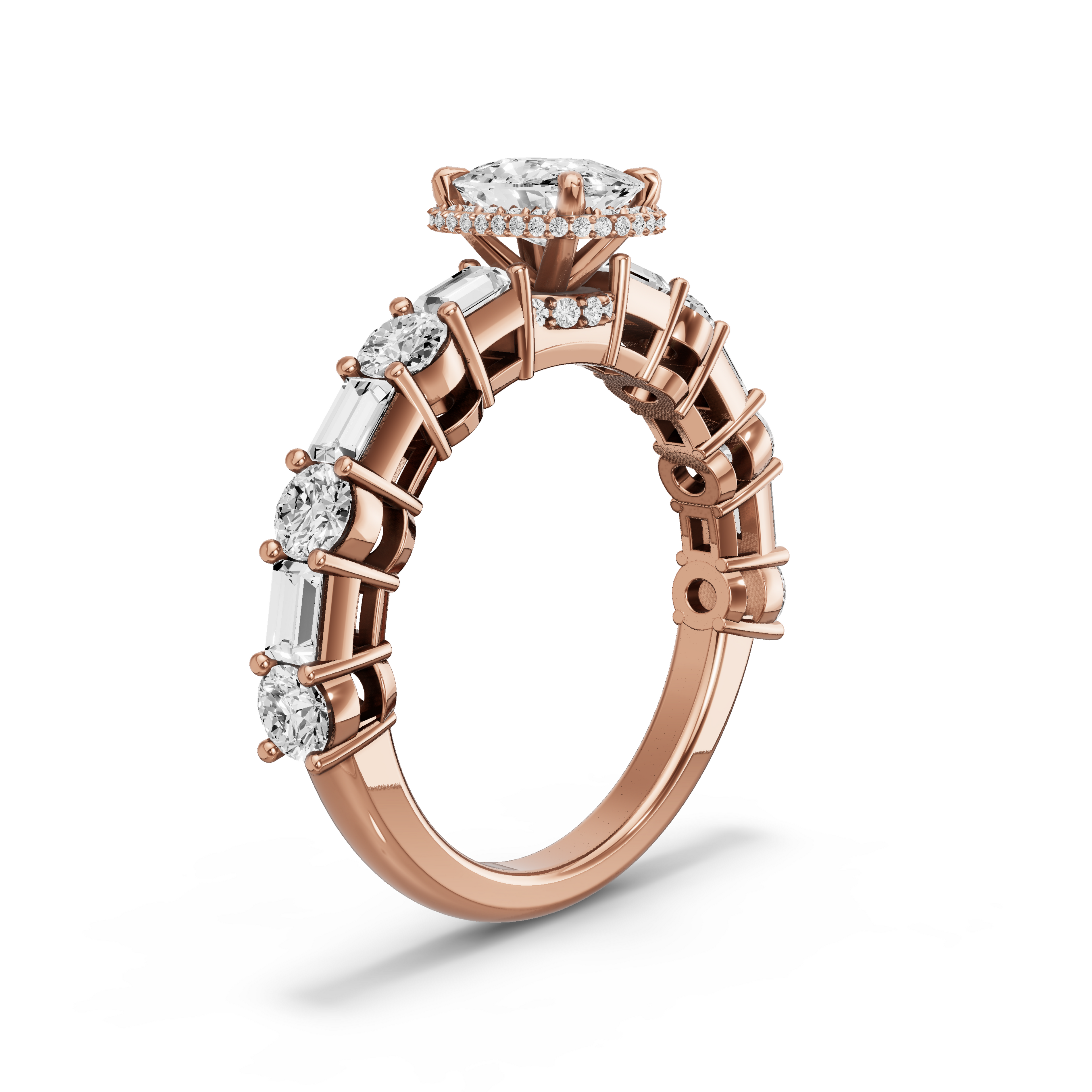 Image for Cushion Dual Halo Ring with Alternating Baguette band in 10K Rose Gold