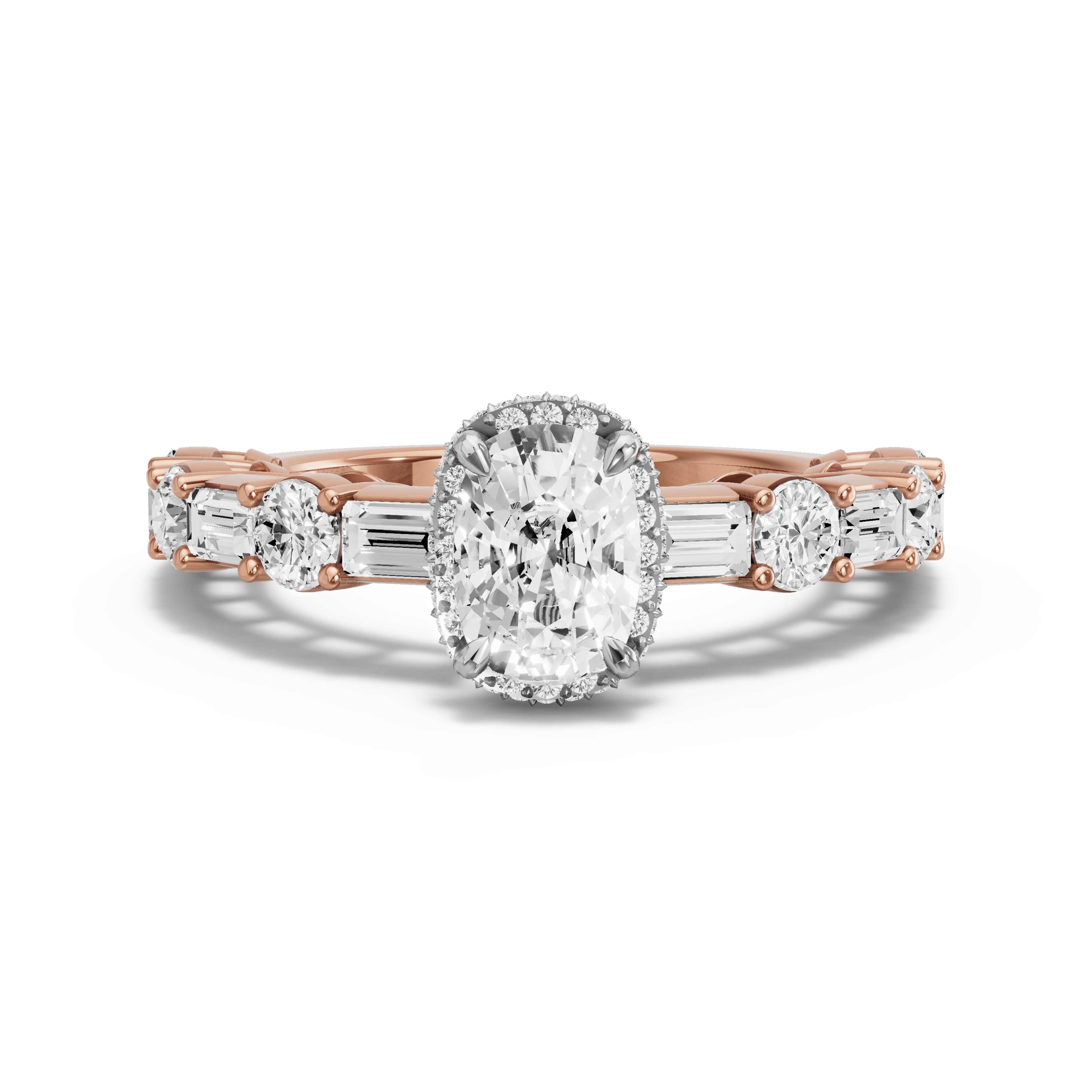Image for Cushion Dual Halo Ring with Alternating Baguette band in 10K Two Tone Rose Gold