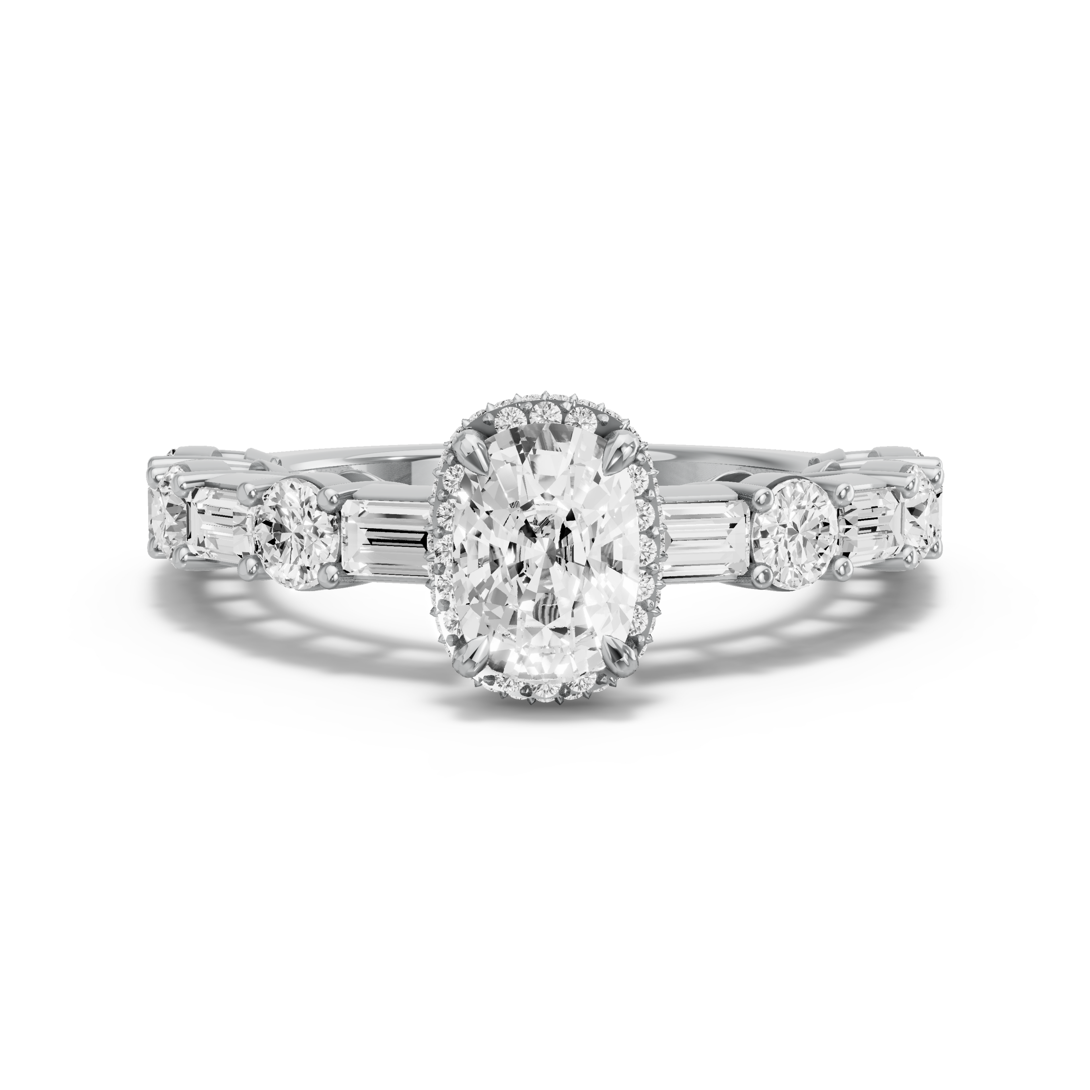 Image for Cushion Dual Halo Ring with Alternating Baguette band in 14K White Gold