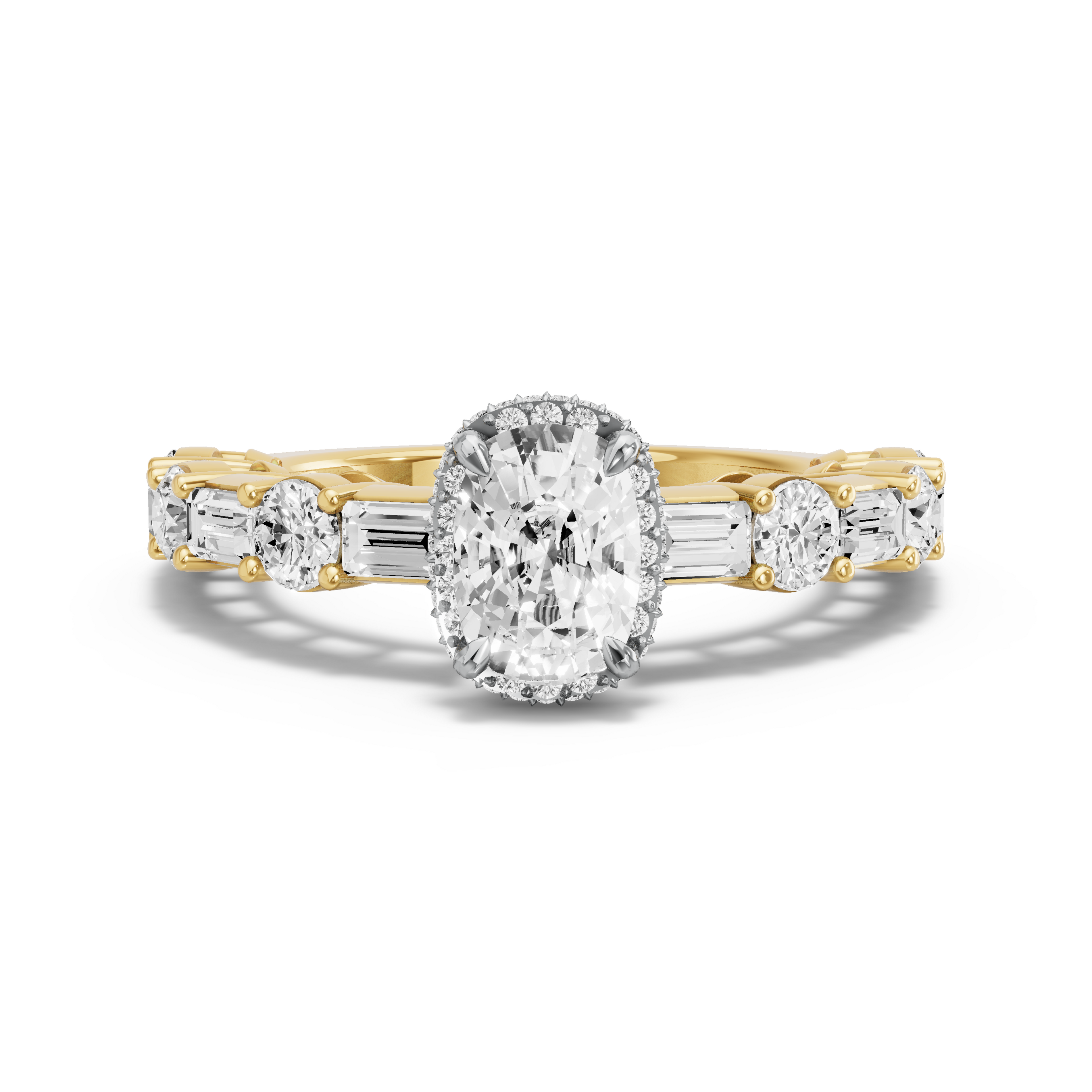 Image for Cushion Dual Halo Ring with Alternating Baguette band in 14K Two Tone Yellow Gold