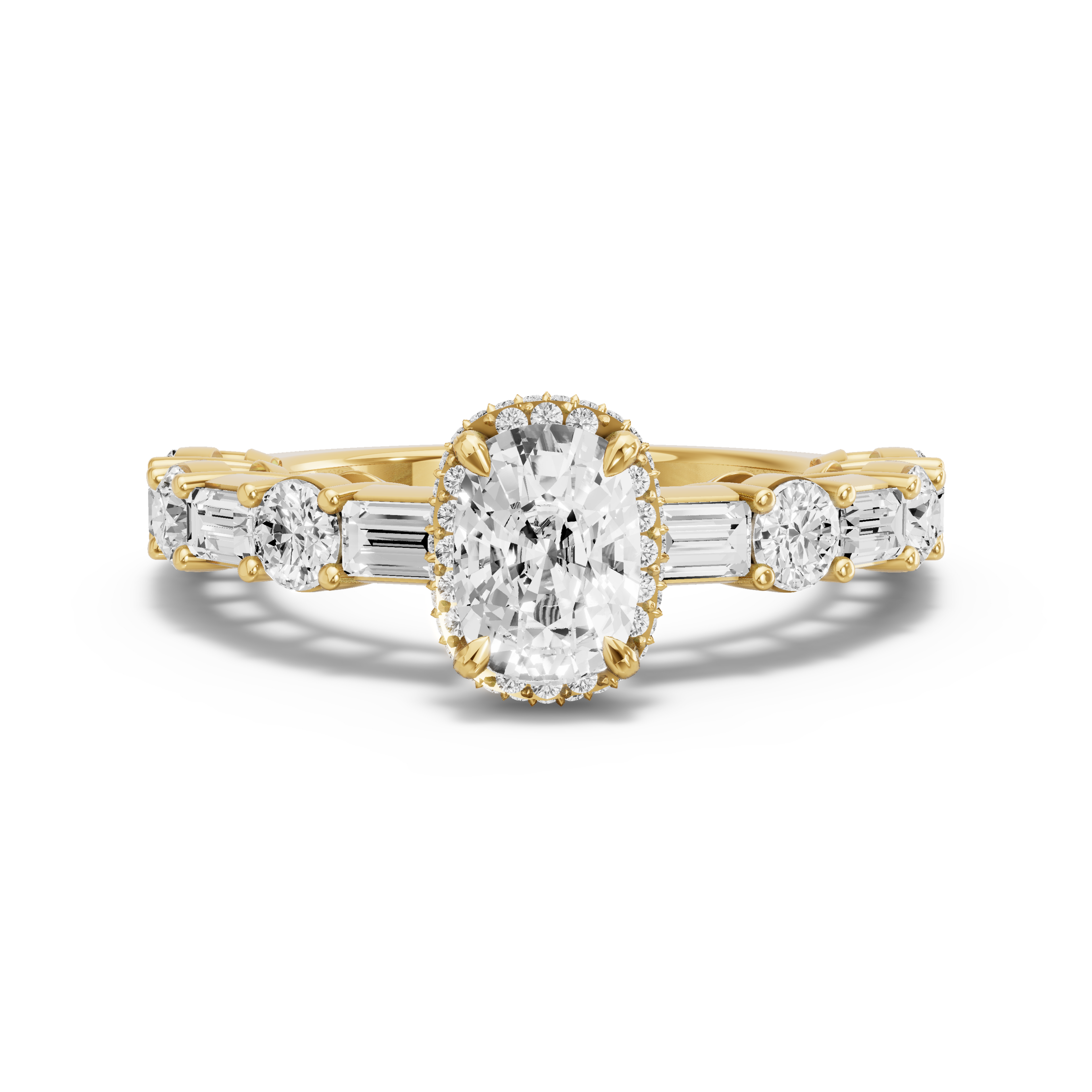 Image for Cushion Dual Halo Ring with Alternating Baguette band in 14K Yellow Gold