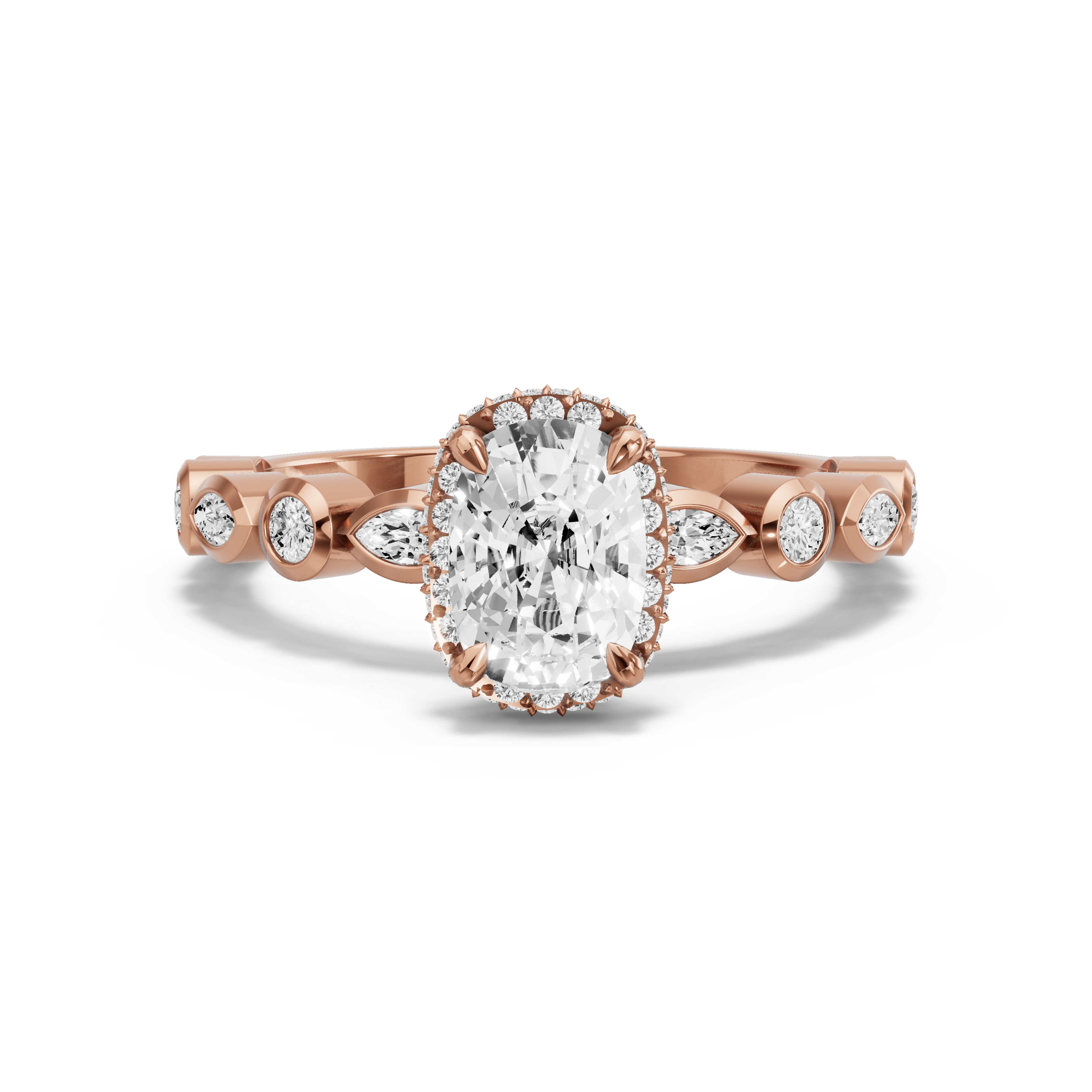 Image for Cushion Dual Halo Ring with Alternating Marquise band in 10K Rose Gold