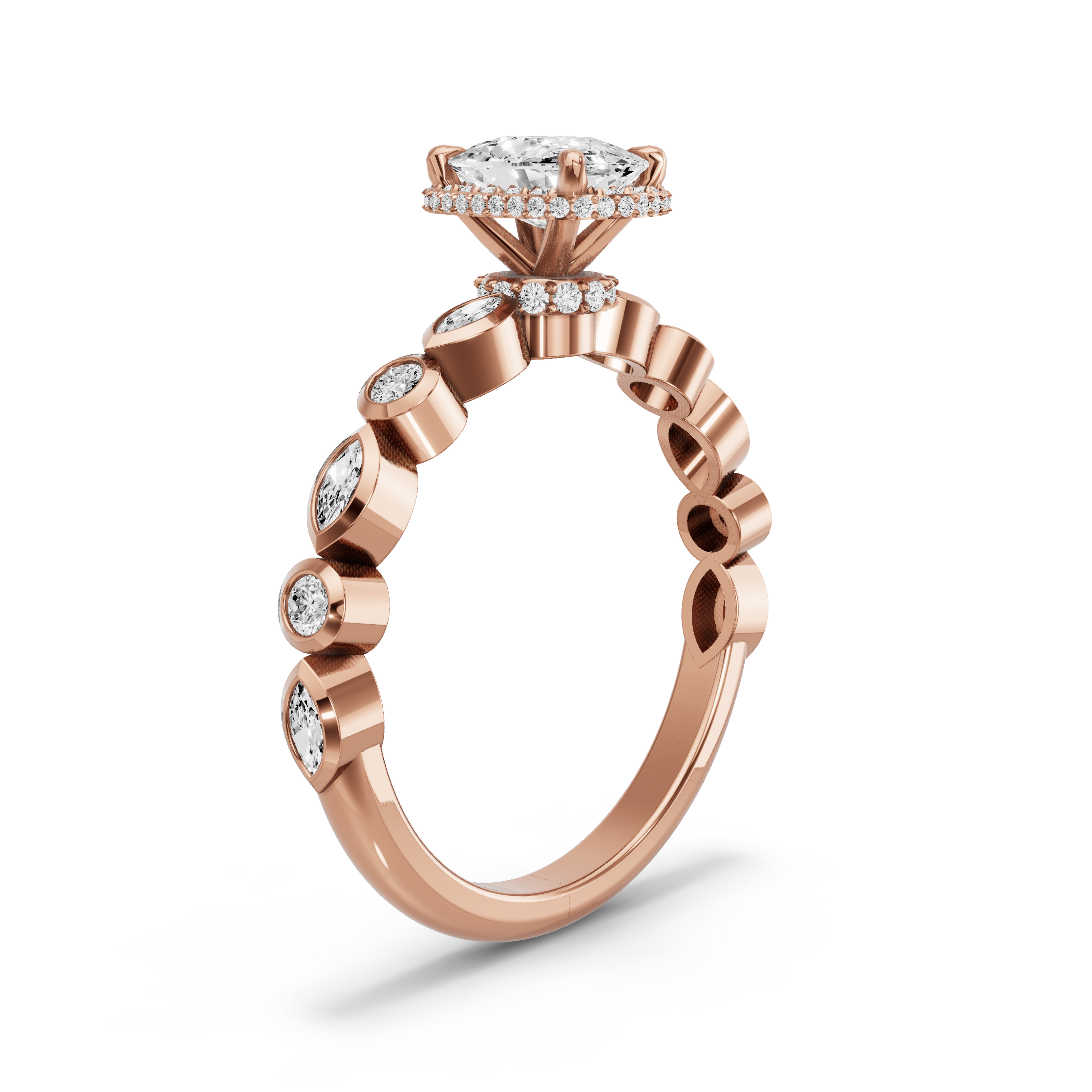 Image for Cushion Dual Halo Ring with Alternating Marquise band in 18K Rose Gold