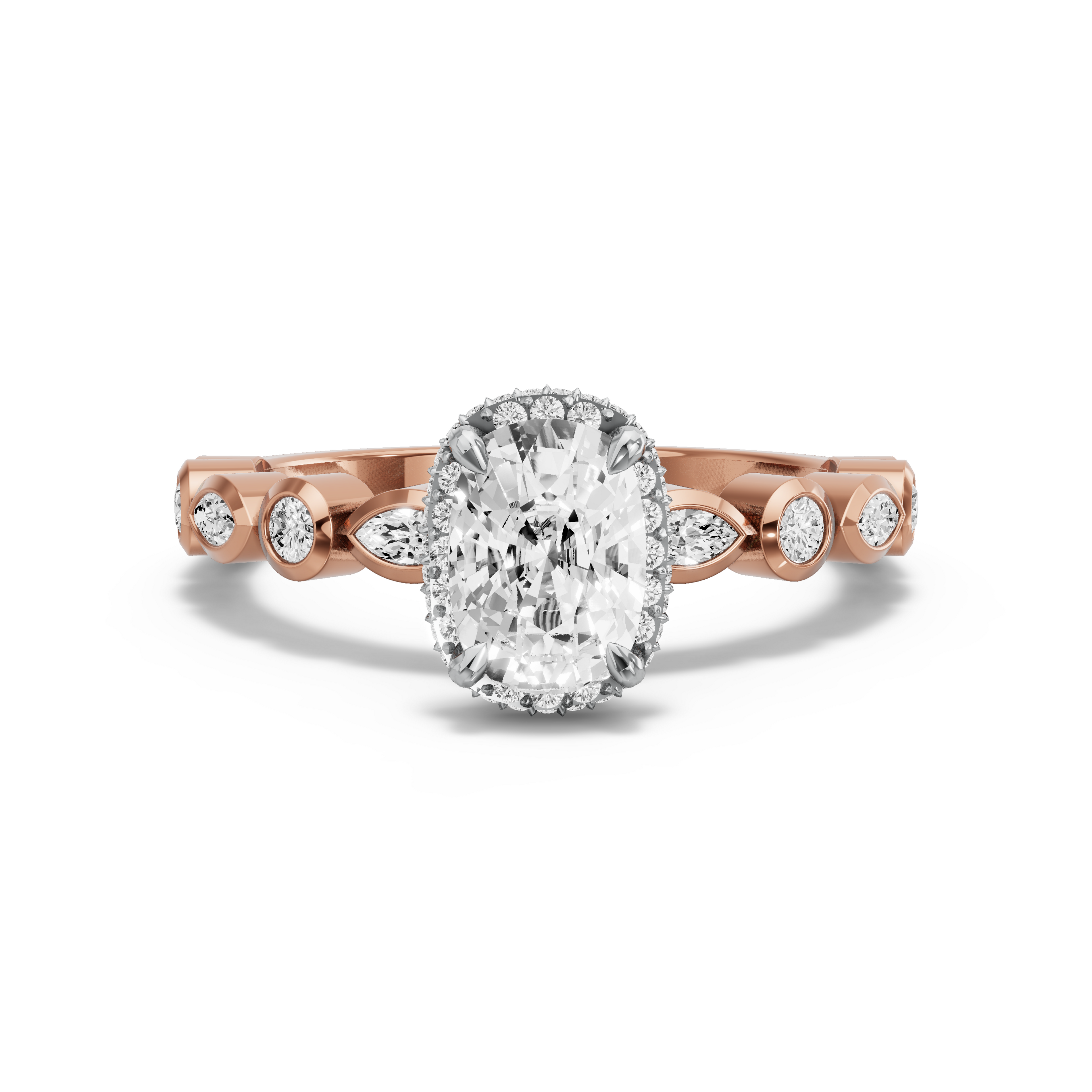 Image for Cushion Dual Halo Ring with Alternating Marquise band in 14K Two Tone Rose Gold