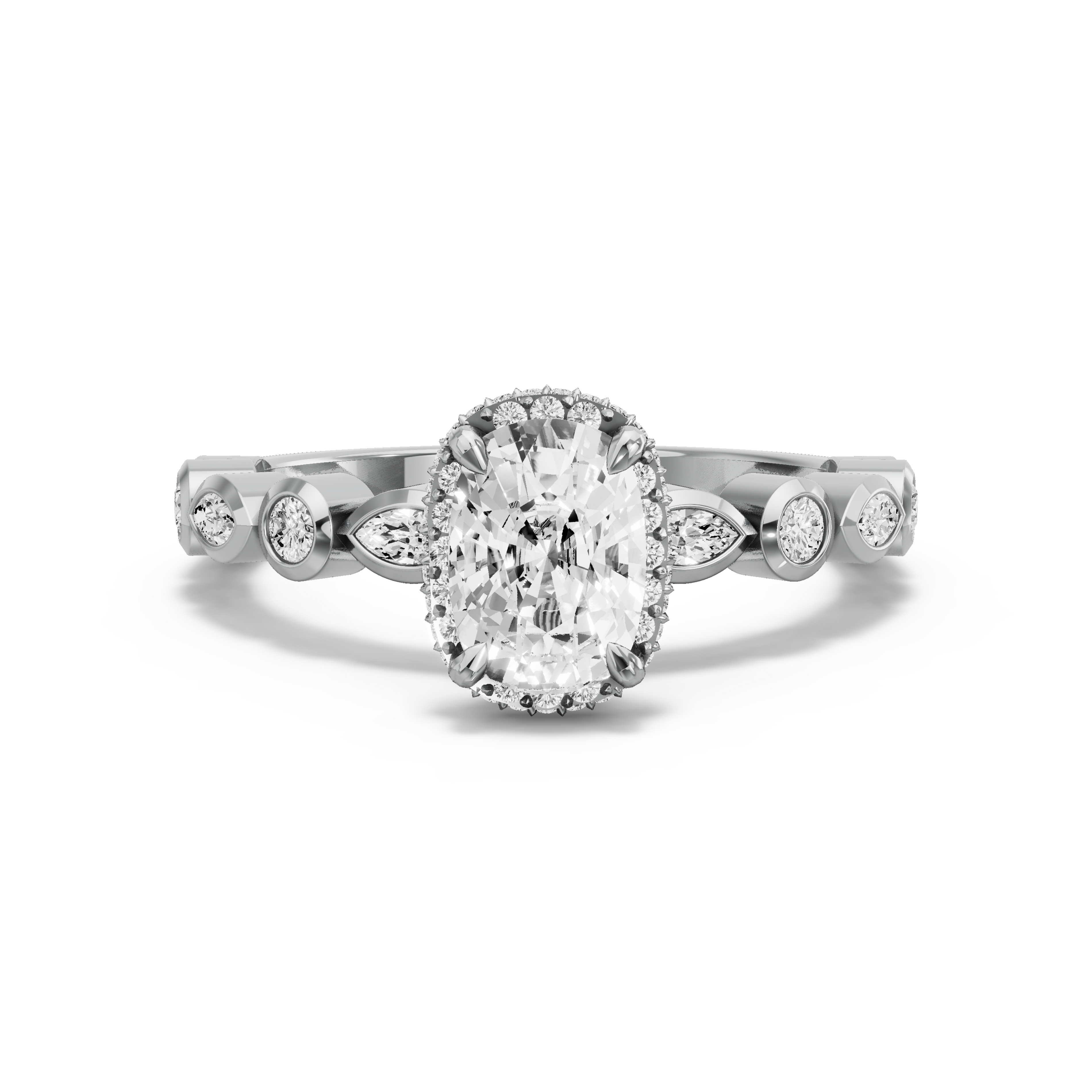 Image for Cushion Dual Halo Ring with Alternating Marquise band in 10K White Gold