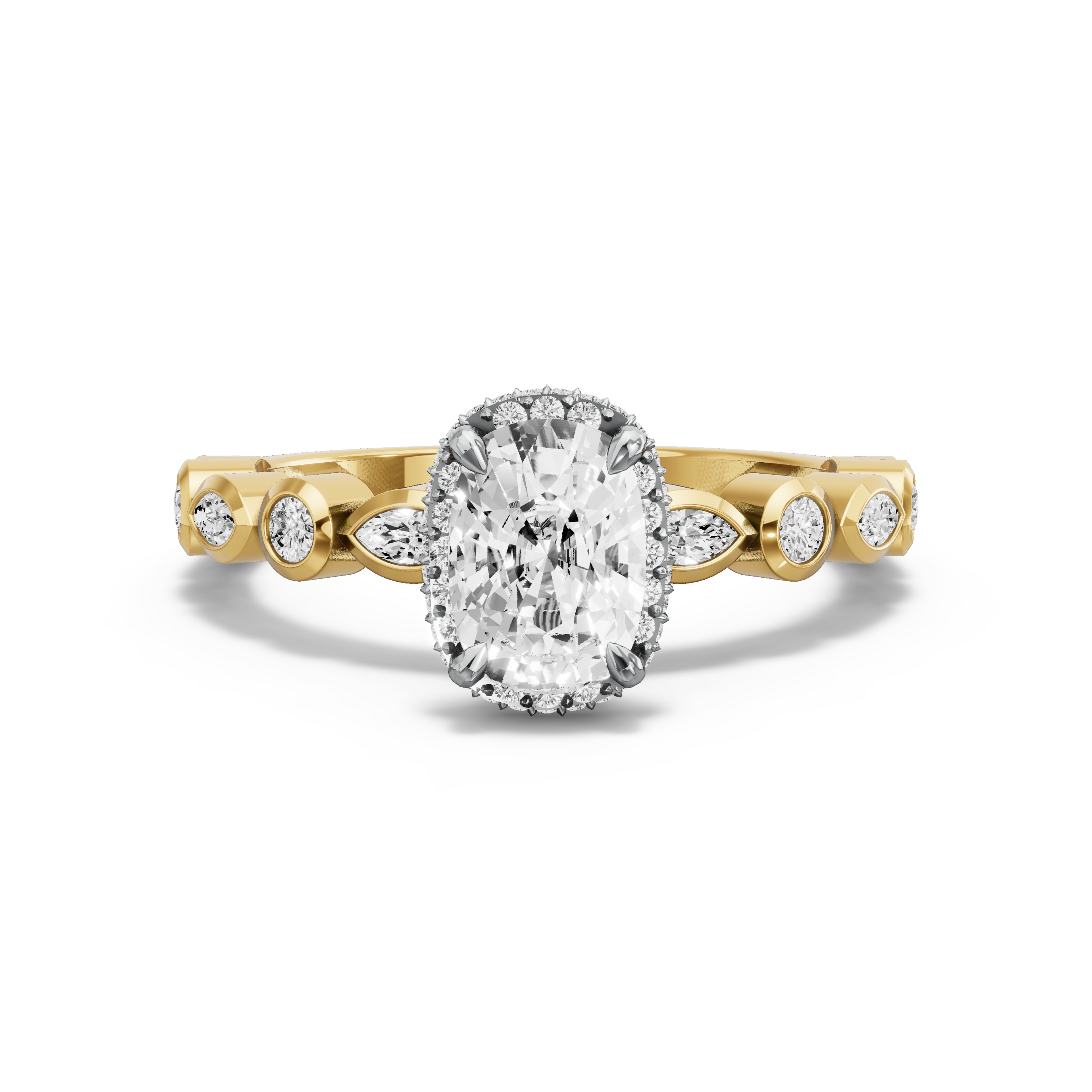 Image for Cushion Dual Halo Ring with Alternating Marquise band in 10K Two Tone Yellow Gold