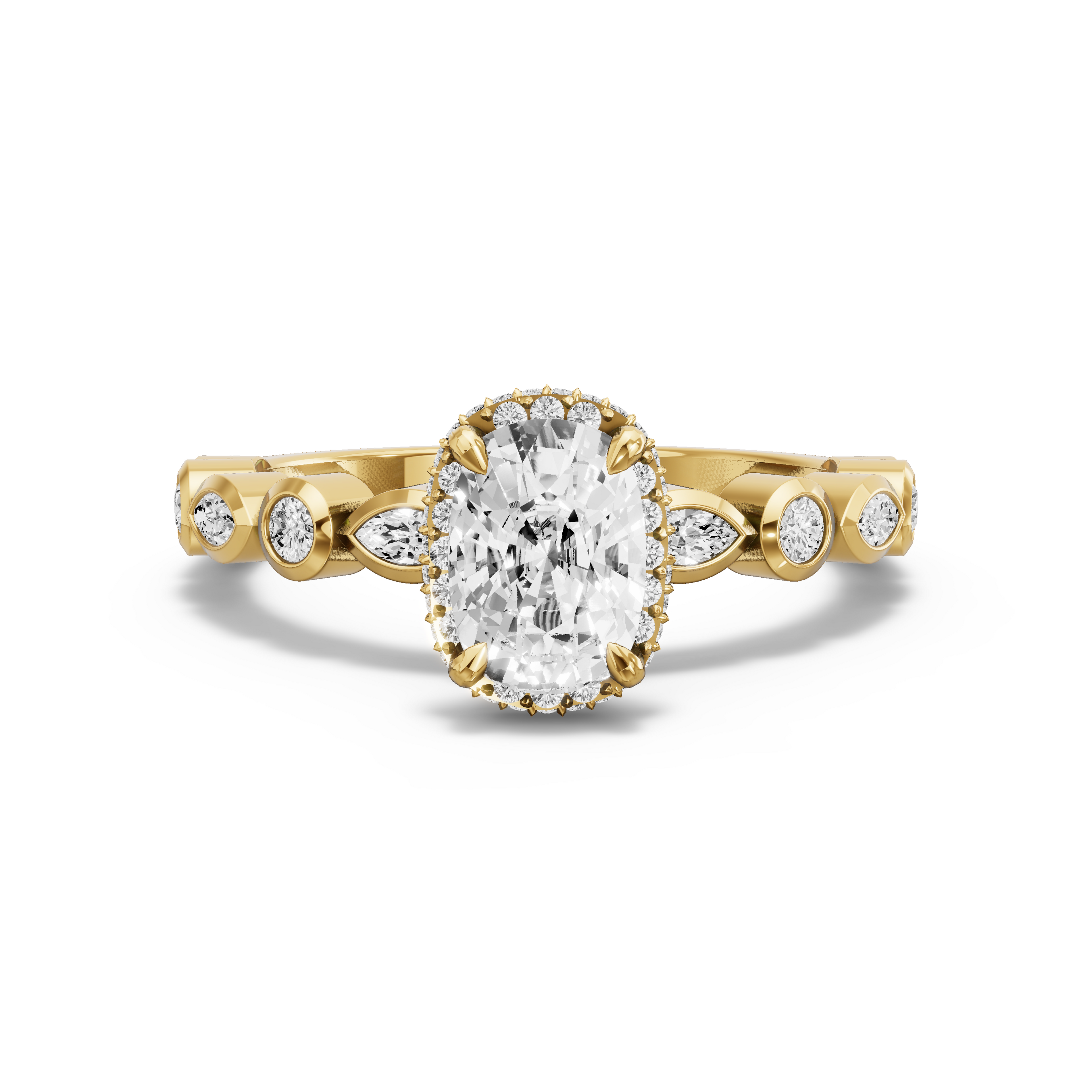 Image for Cushion Dual Halo Ring with Alternating Marquise band in 10K Yellow Gold