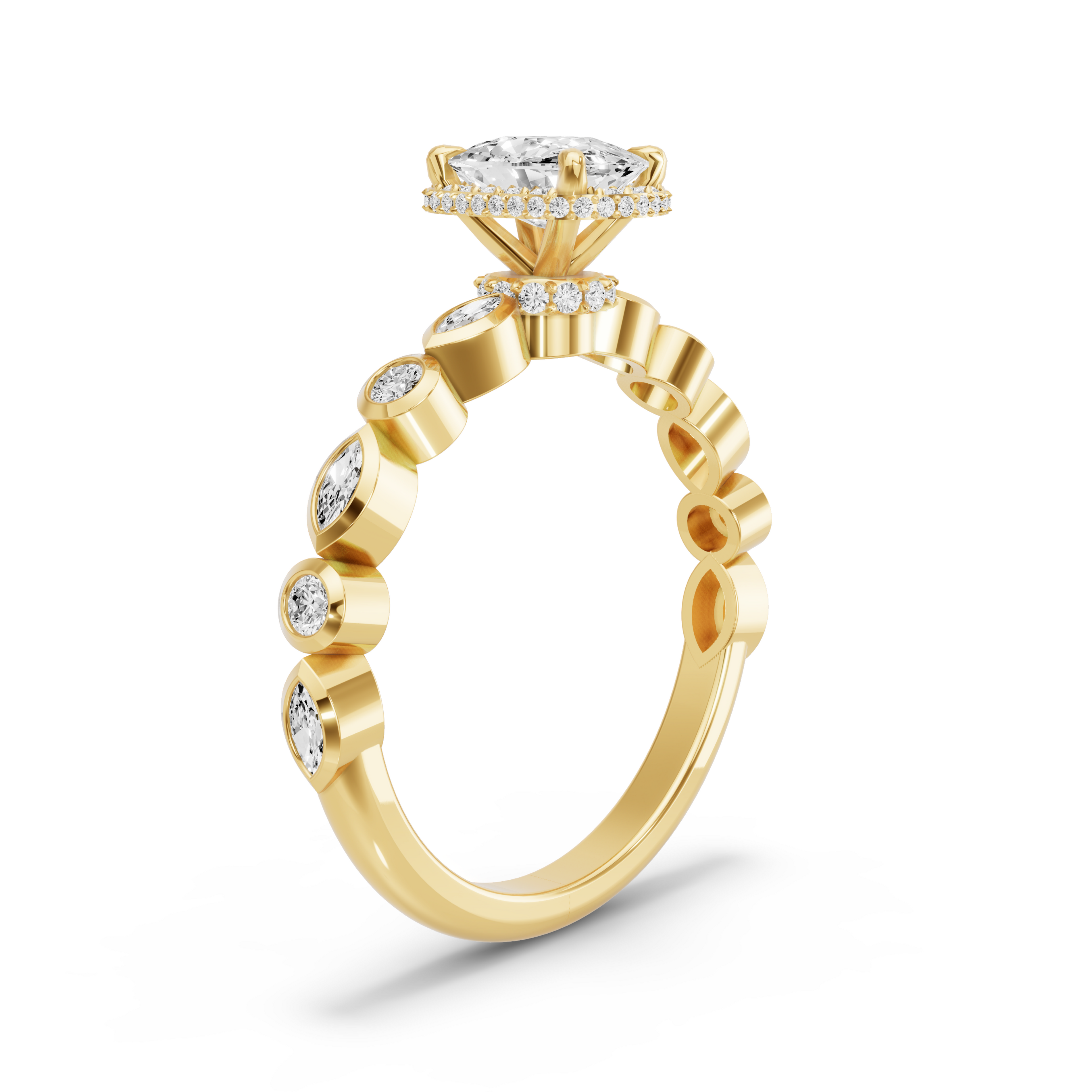 Image for Cushion Dual Halo Ring with Alternating Marquise band in 10K Yellow Gold