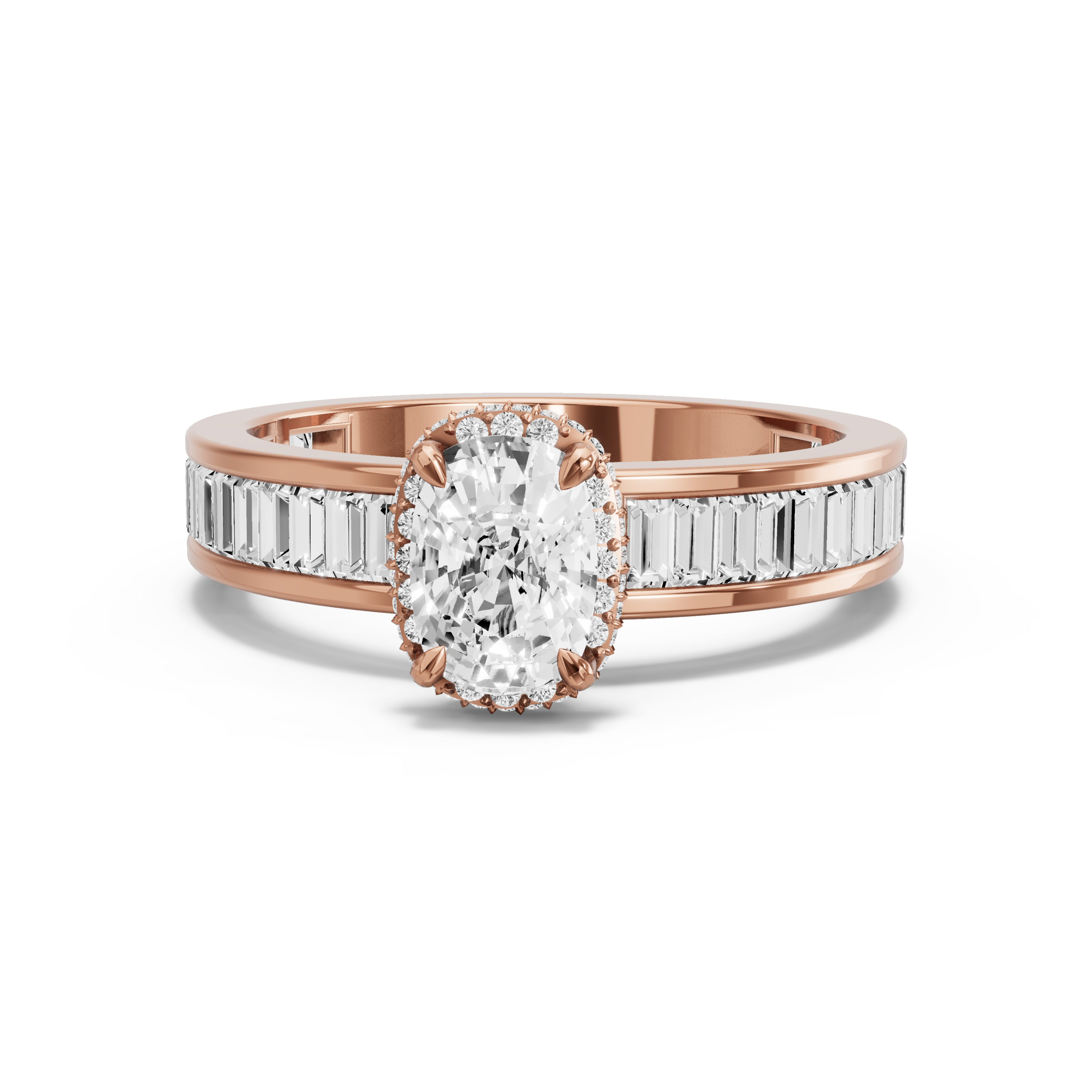 Image for Cushion Dual Halo Ring with Baguette Channel band in 14K Rose Gold