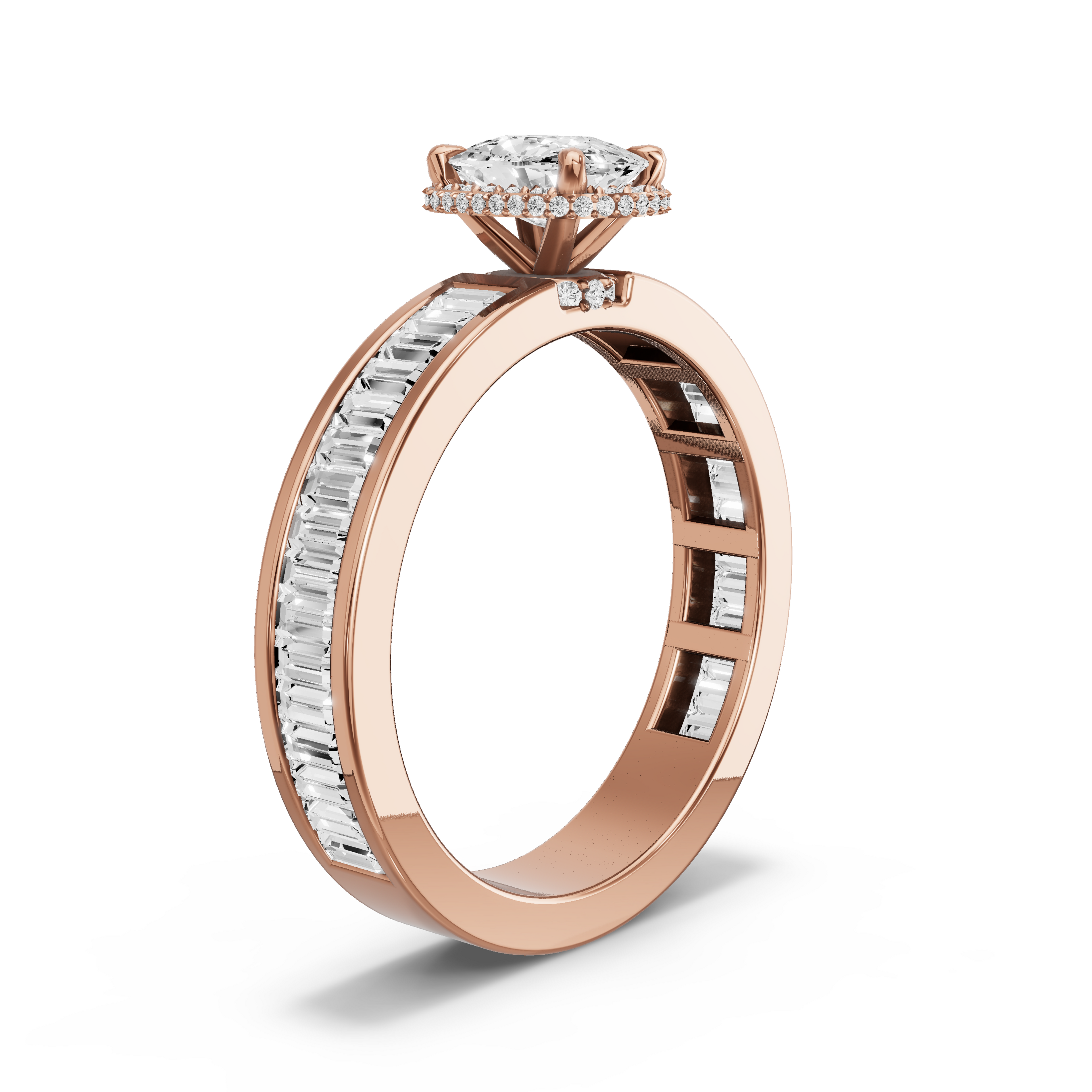 Image for Cushion Dual Halo Ring with Baguette Channel band in 10K Rose Gold