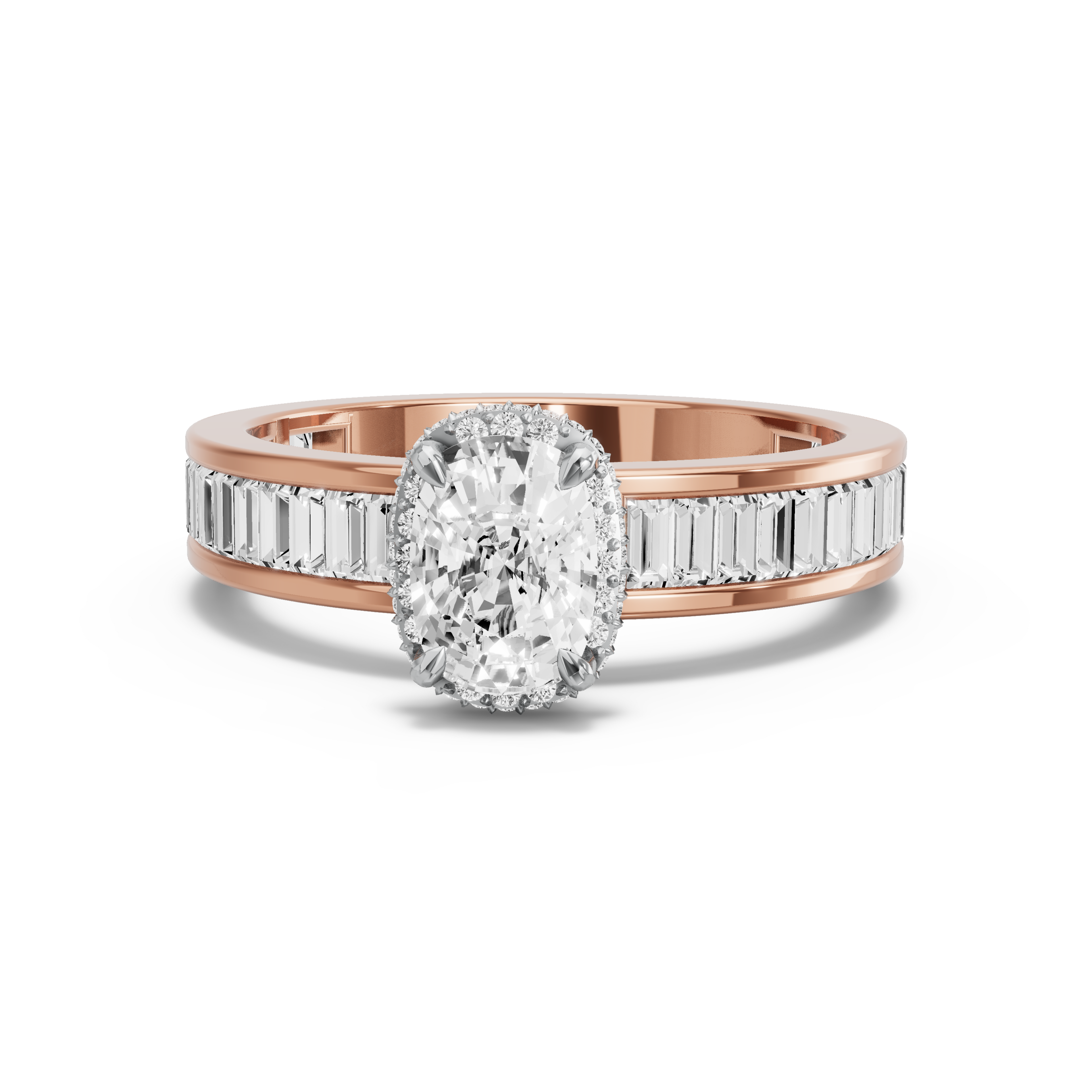 Image for Cushion Dual Halo Ring with Baguette Channel band in 10K Two Tone Rose Gold