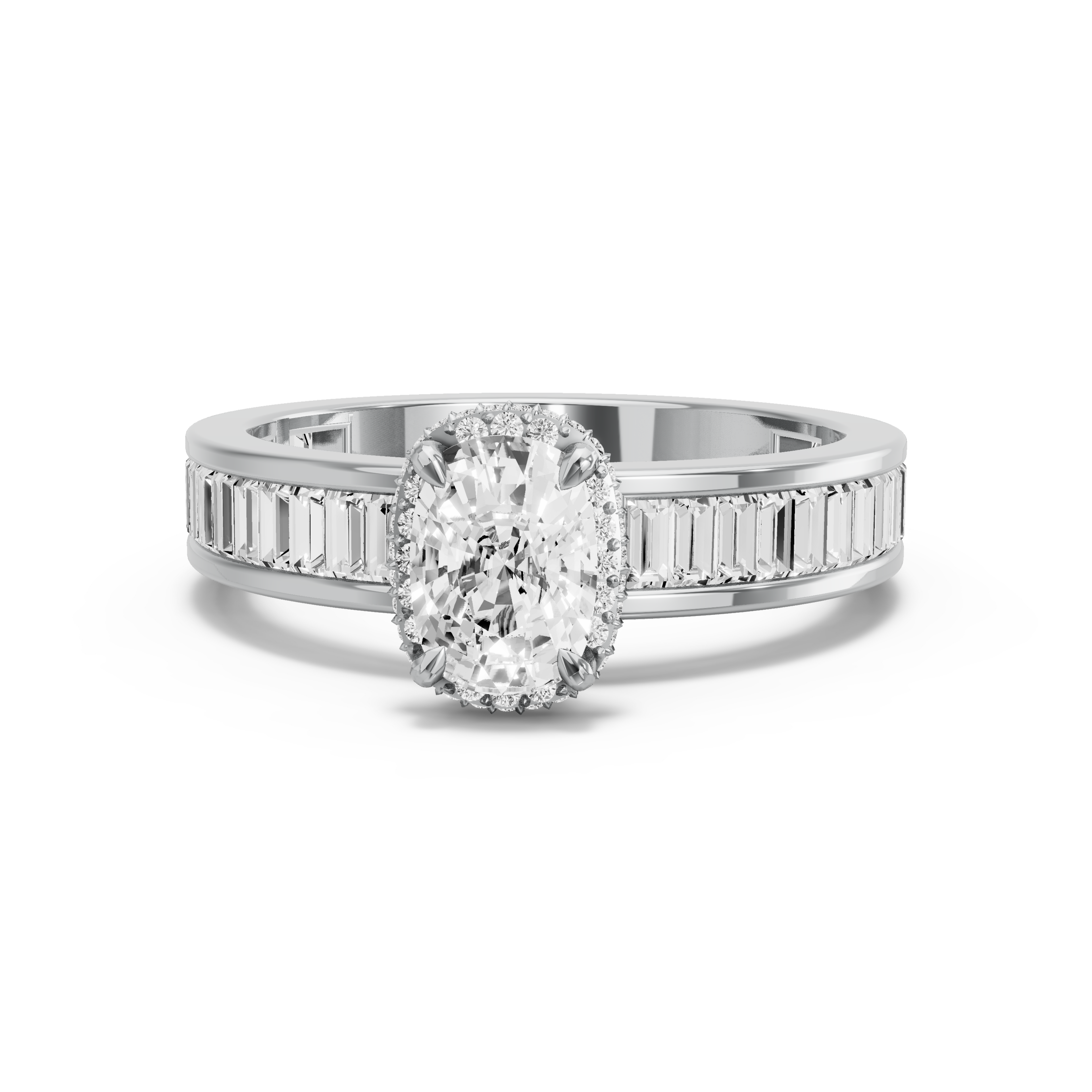 Image for Cushion Dual Halo Ring with Baguette Channel band in 950 Platinum