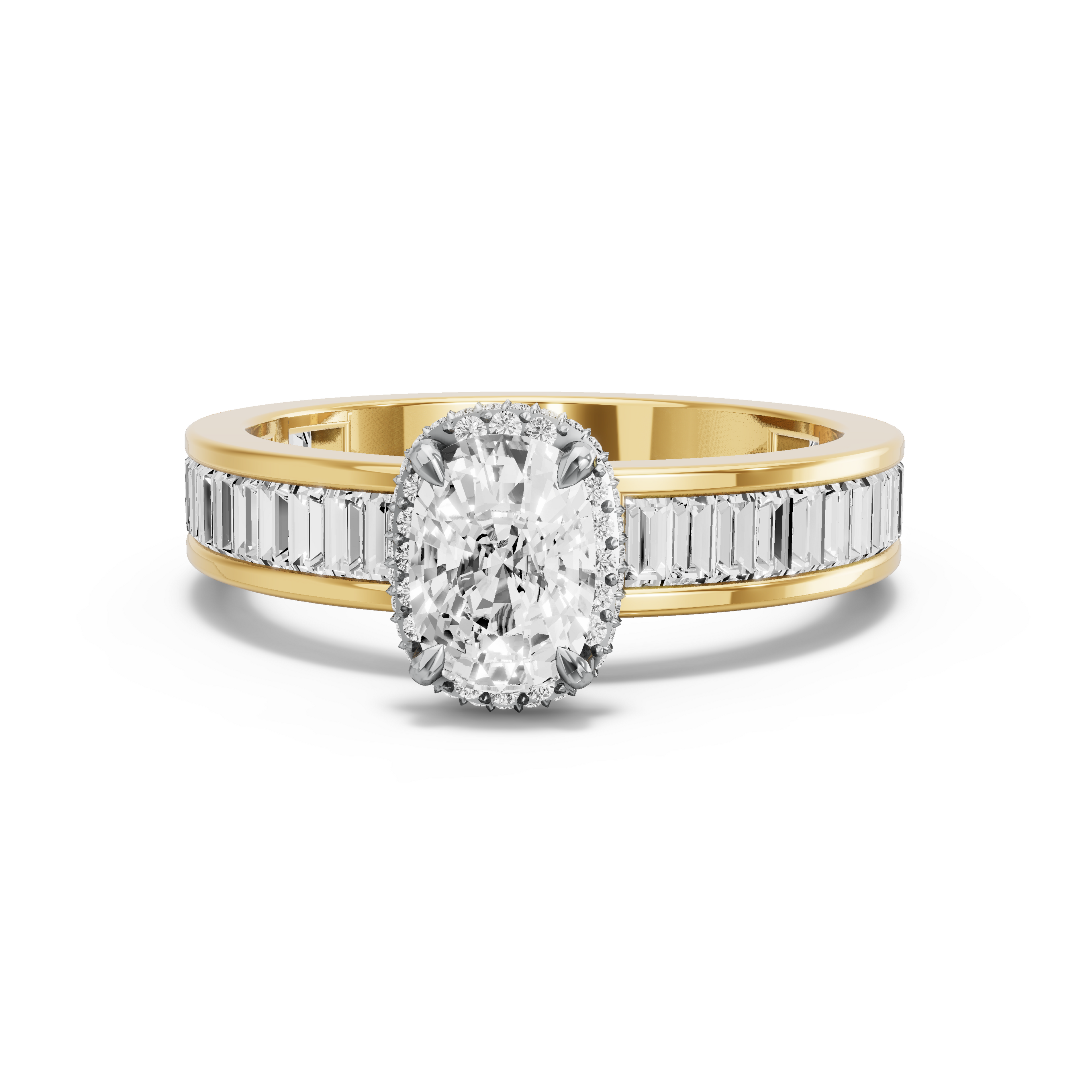 Image for Cushion Dual Halo Ring with Baguette Channel band in 18K Two Tone Yellow Gold