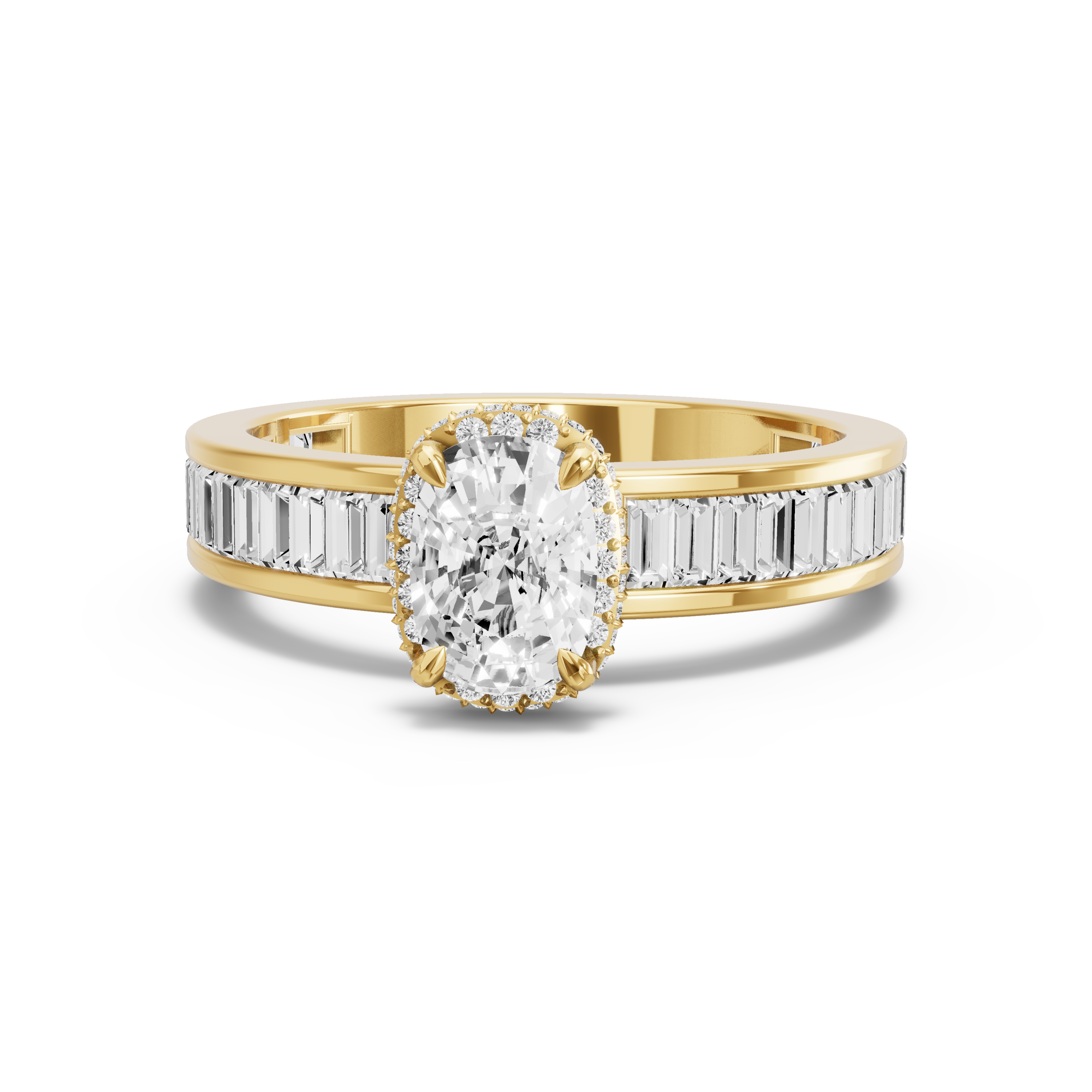 Image for Cushion Dual Halo Ring with Baguette Channel band in 10K Yellow Gold