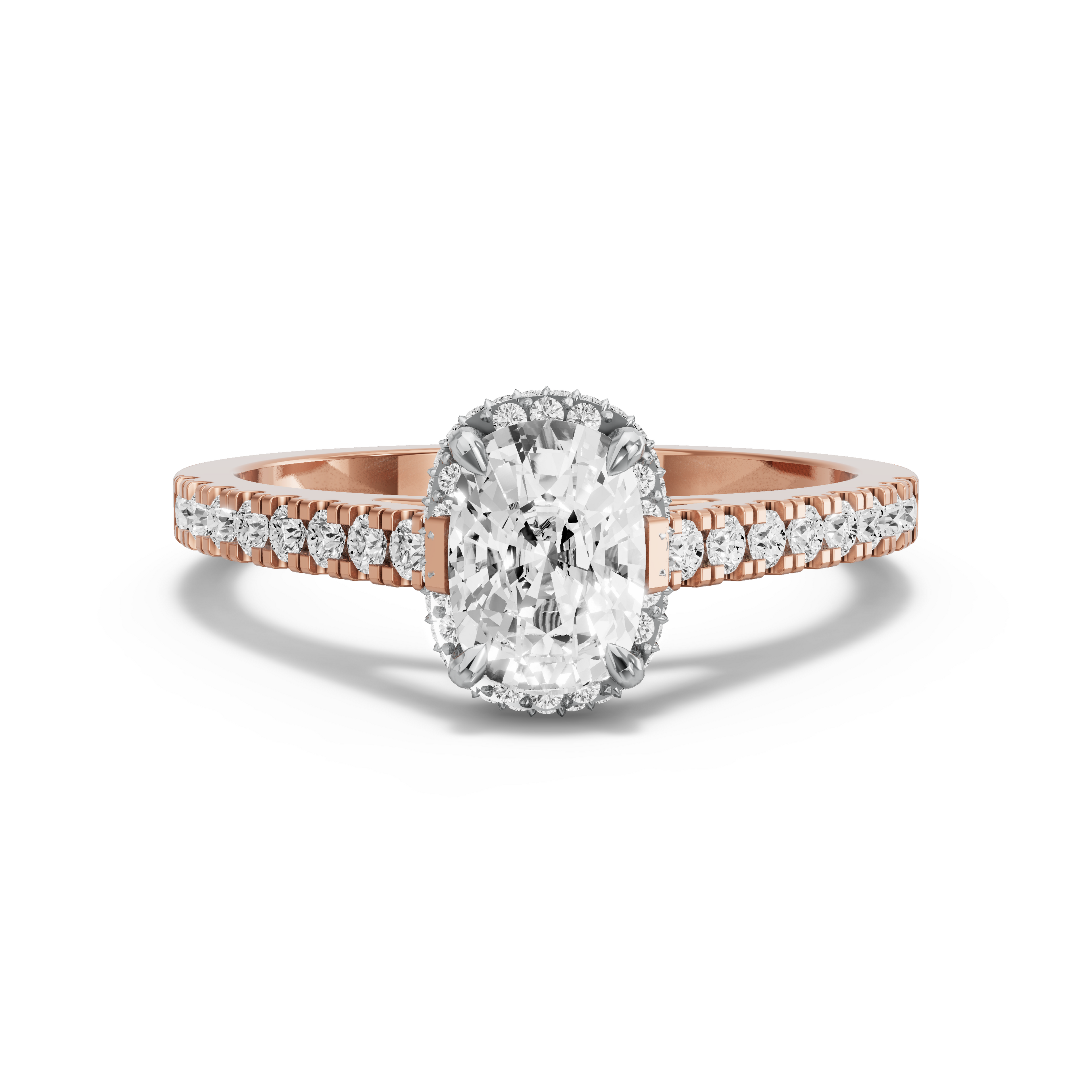 Image for Cushion Dual Halo Ring with Cathedral Pave band in 14K Two Tone Rose Gold