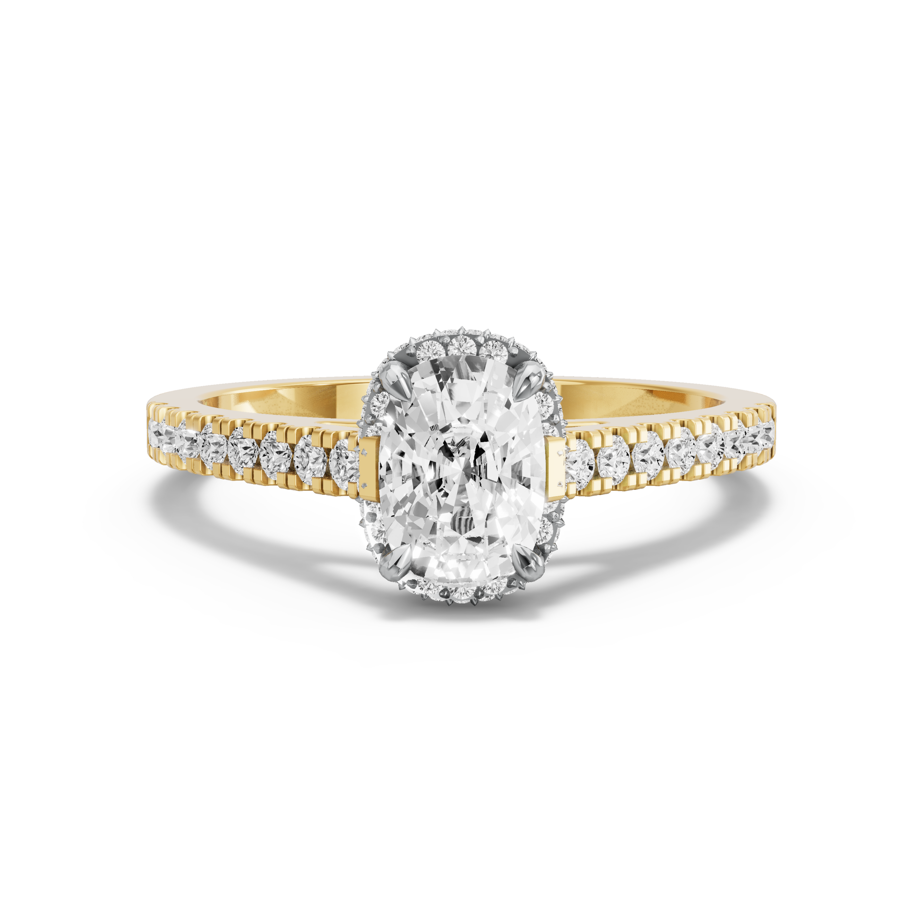 Image for Cushion Dual Halo Ring with Cathedral Pave band in 10K Two Tone Yellow Gold