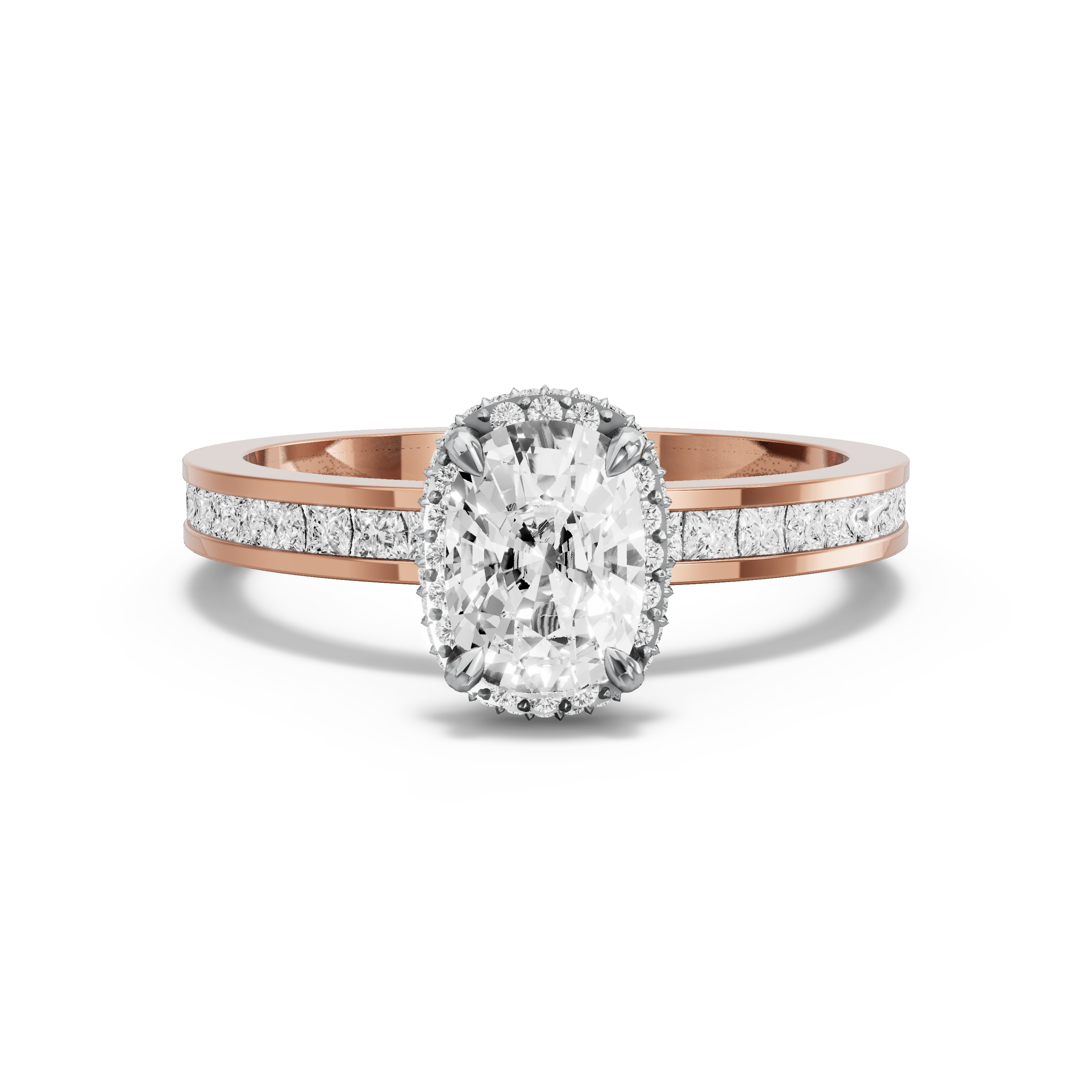 Image for Cushion Dual Halo Ring with Channel band in 14K Two Tone Rose Gold